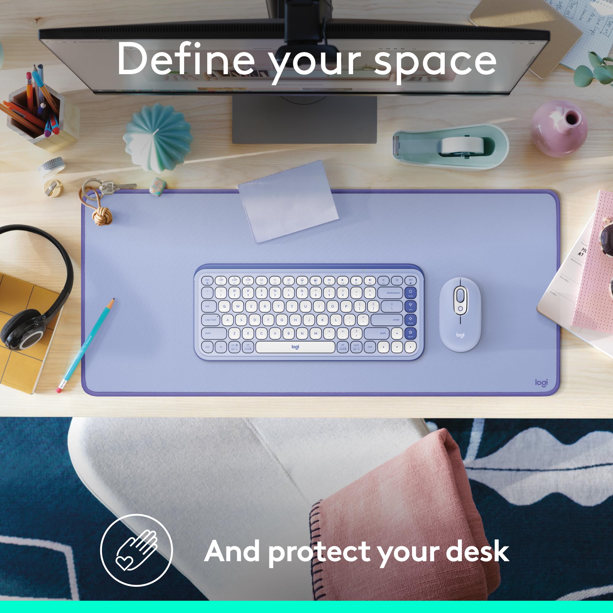 Logitech Studio Series Multifunctional Large Desk Pad - Spill-Resistant, Anti-Fray, Lilac | 70 x 30 cm