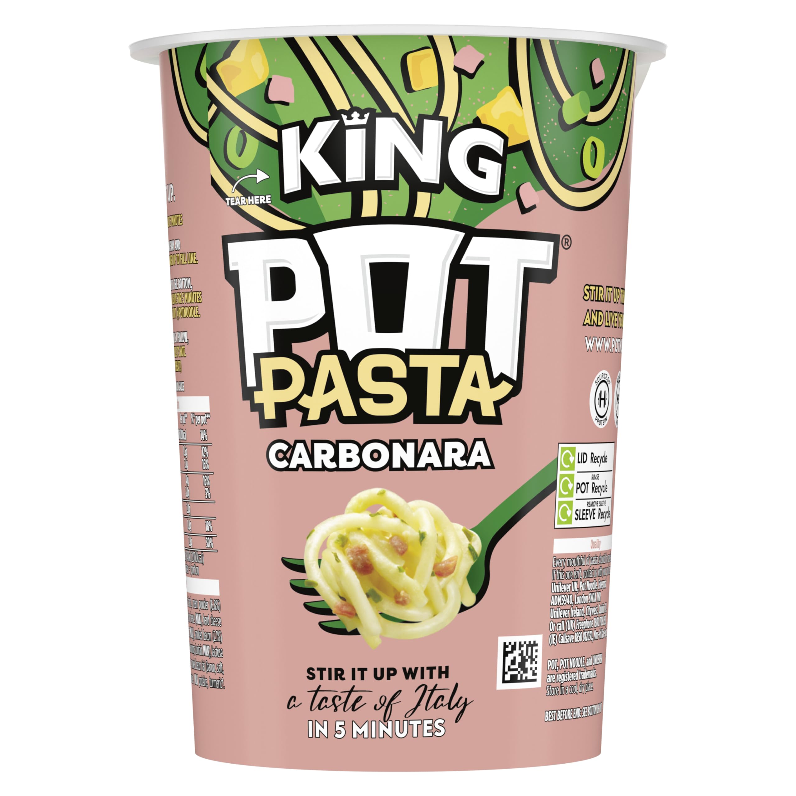 Pot Noodle King Pot Pasta Creamy Carbonara Instant Snack Pot | 8 Pack, 69g Each