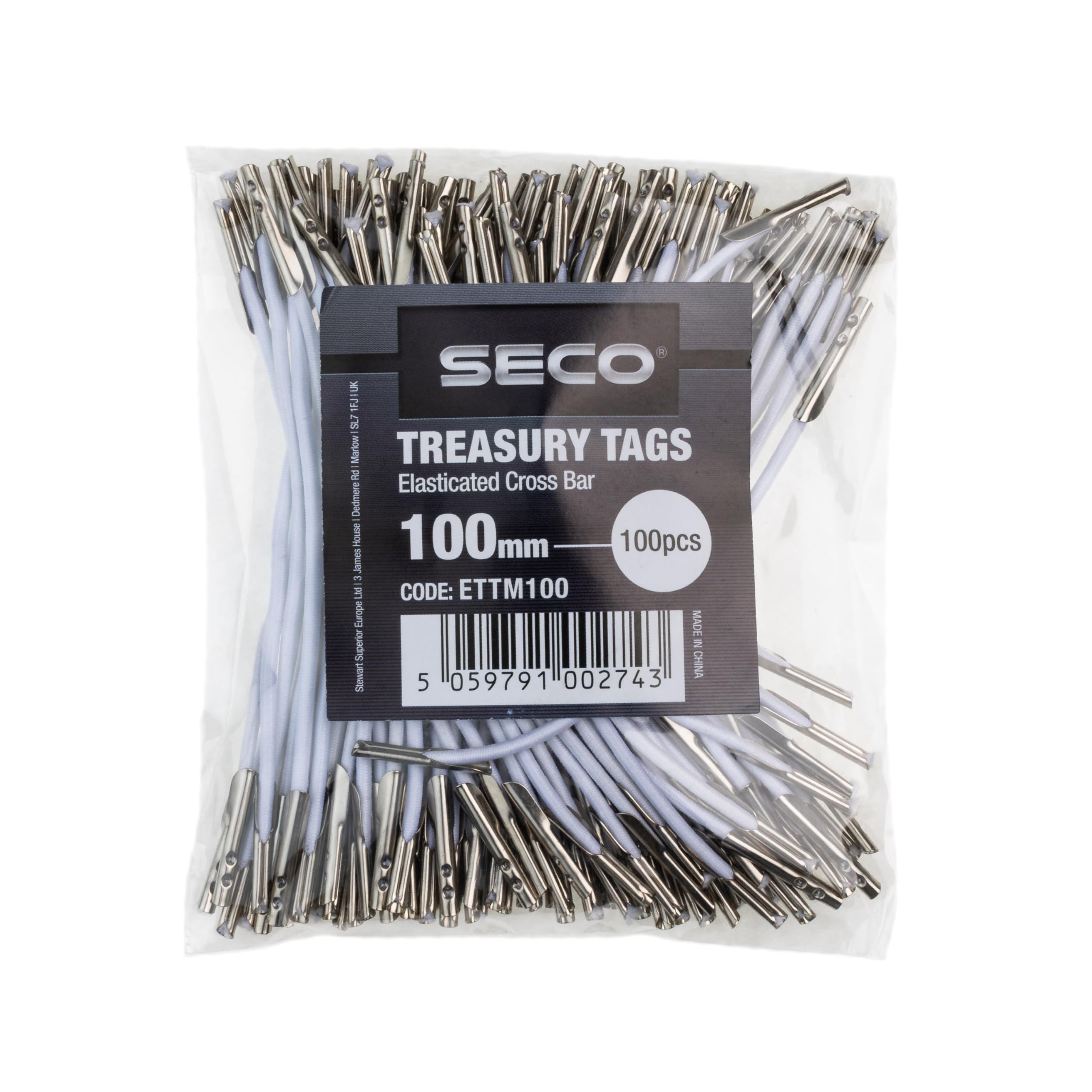 SECO Elasticated Cross Bar Treasury Tags - 100mm Length, Metal Ends, Pack of 100