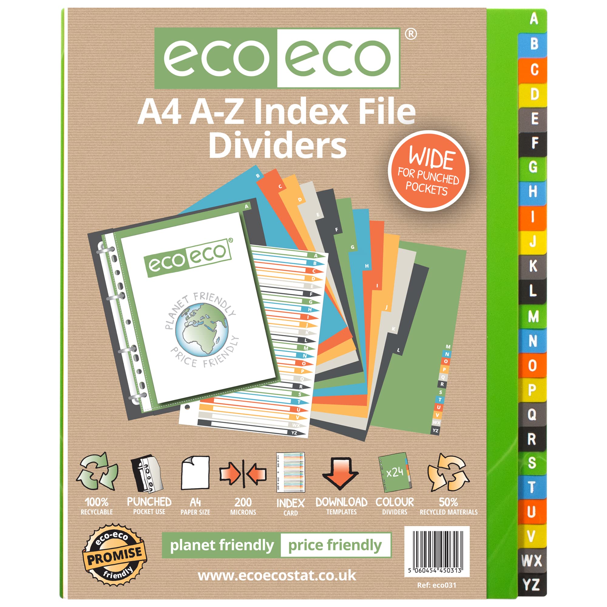 eco-eco A4 Index File Dividers - 24 Set A-Z Wide, 50% Recycled Material