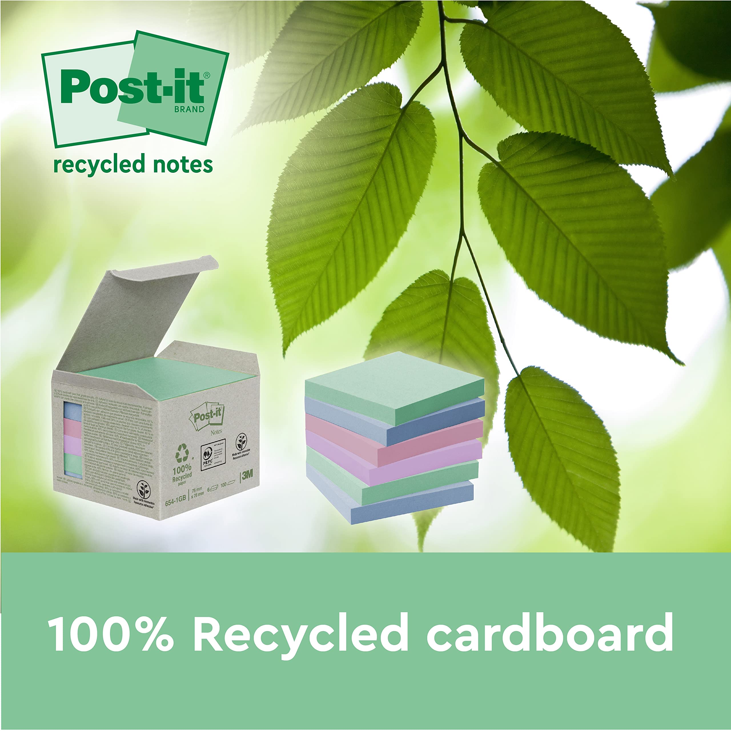 Post-it Super Sticky 100% Recycled Notes - 4 Pad Pack (3+1 Free) | 70 Sheets Each | Pink, Green, Yellow, Blue 6