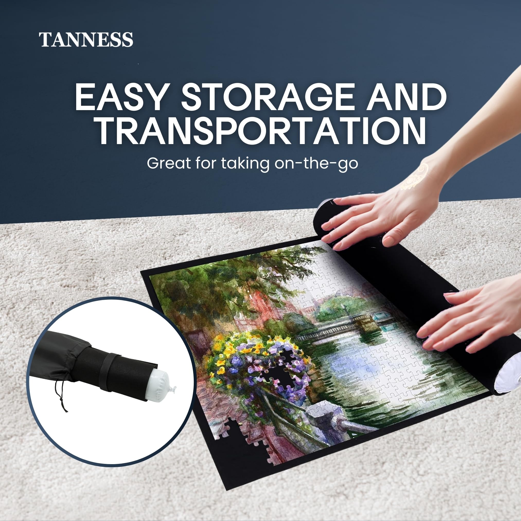 TANNESS Jigsaw Puzzle Mat - Roll-Up Storage for Up to 1500 Pieces | Black Felt, 118cm x 118cm 3
