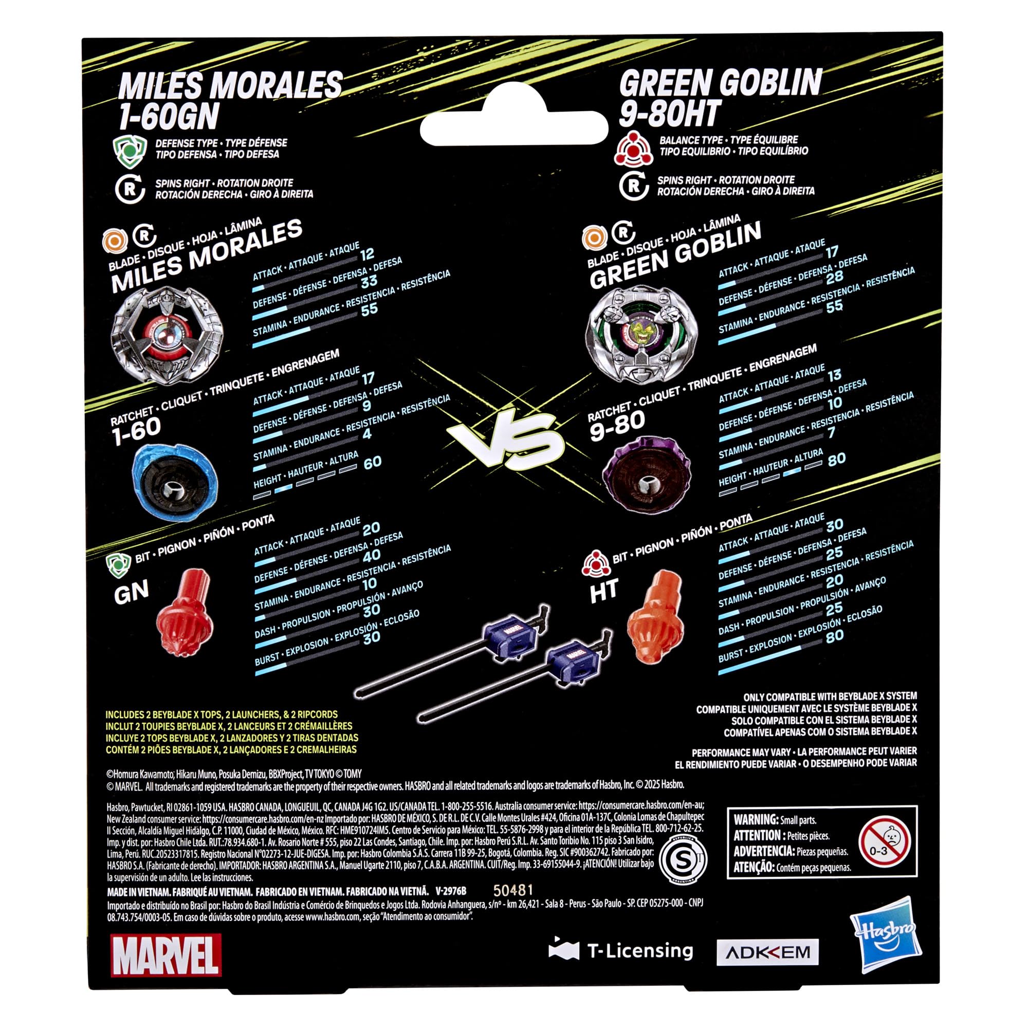 Hasbro Beyblade X Marvel Collab Miles Morales 1-60GN vs Green Goblin 9-80HT Battling Tops Set 7