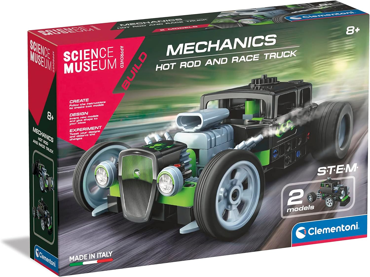 Clementoni 61372 Science Museum Mechanics-Hot Rod & Rocket Truck-Building Set, S