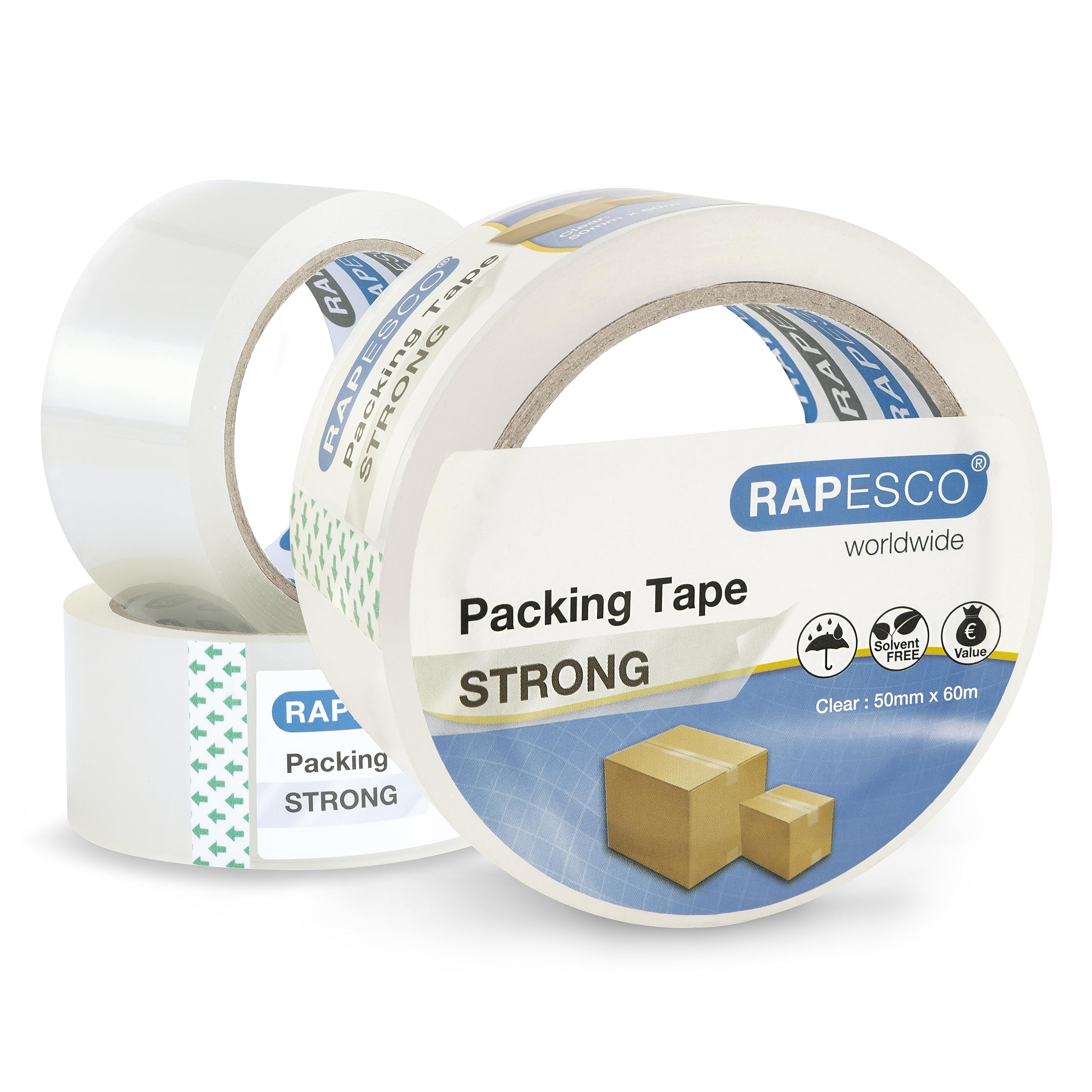 RAPESCO Strong Packing Tape 1751 - Clear, 50mm x 60m, 3 Rolls | Moisture Resistant