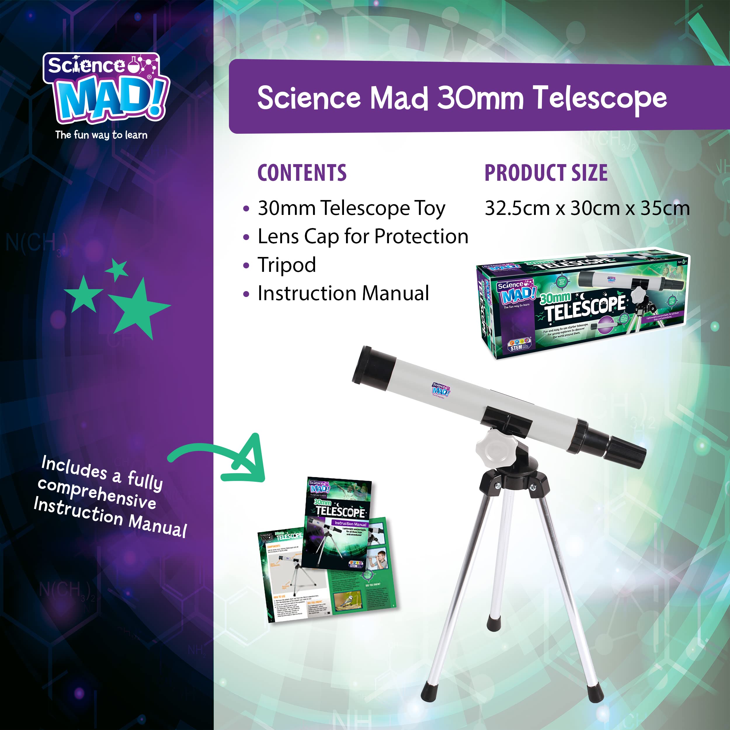 Science Mad 30mm Telescope - 15x Magnification | Ages 6+ | Includes Tripod 4
