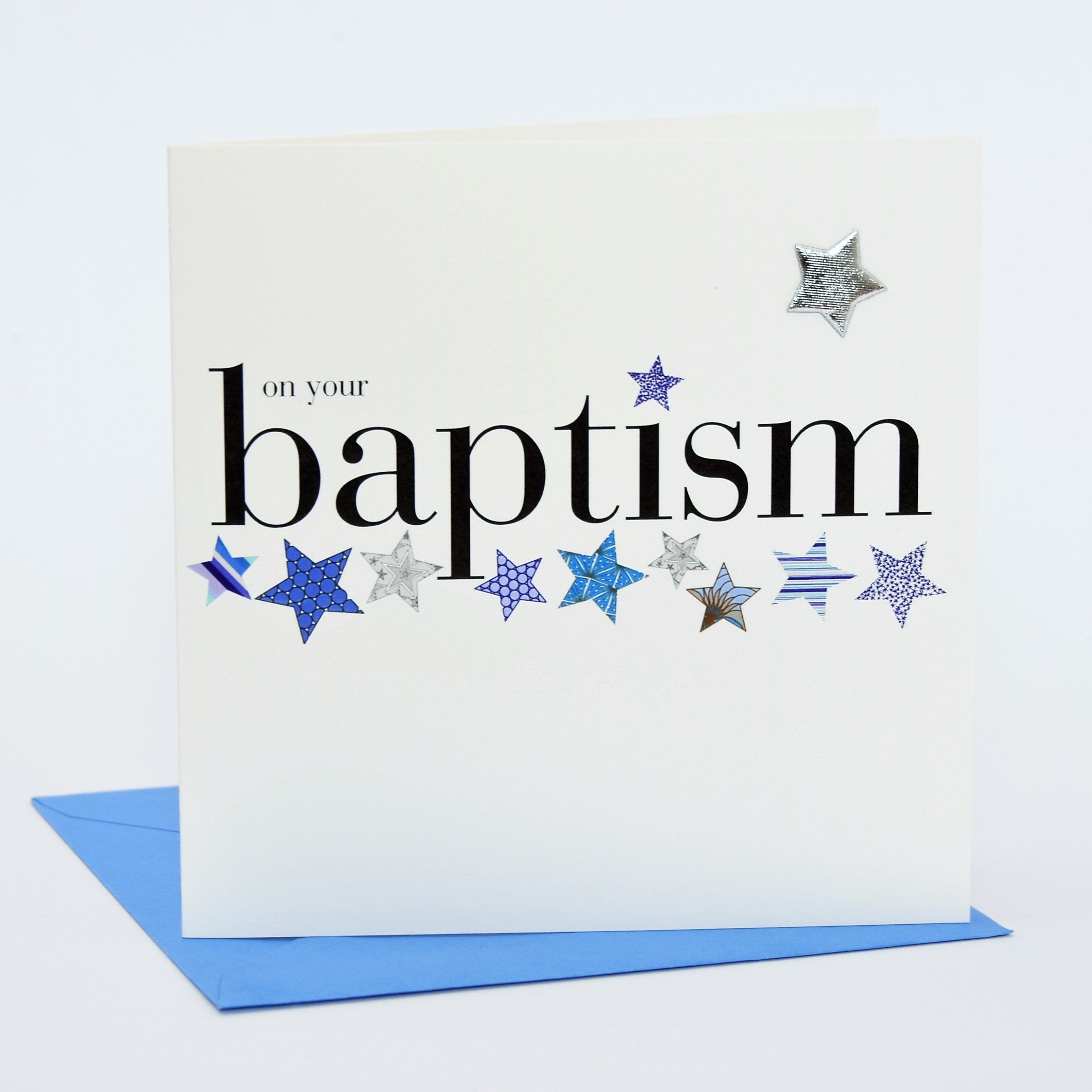Claire Giles Greeting Cards - On Your Baptism Card | Blue/Grey | 150x150mm | Padded Silver Star