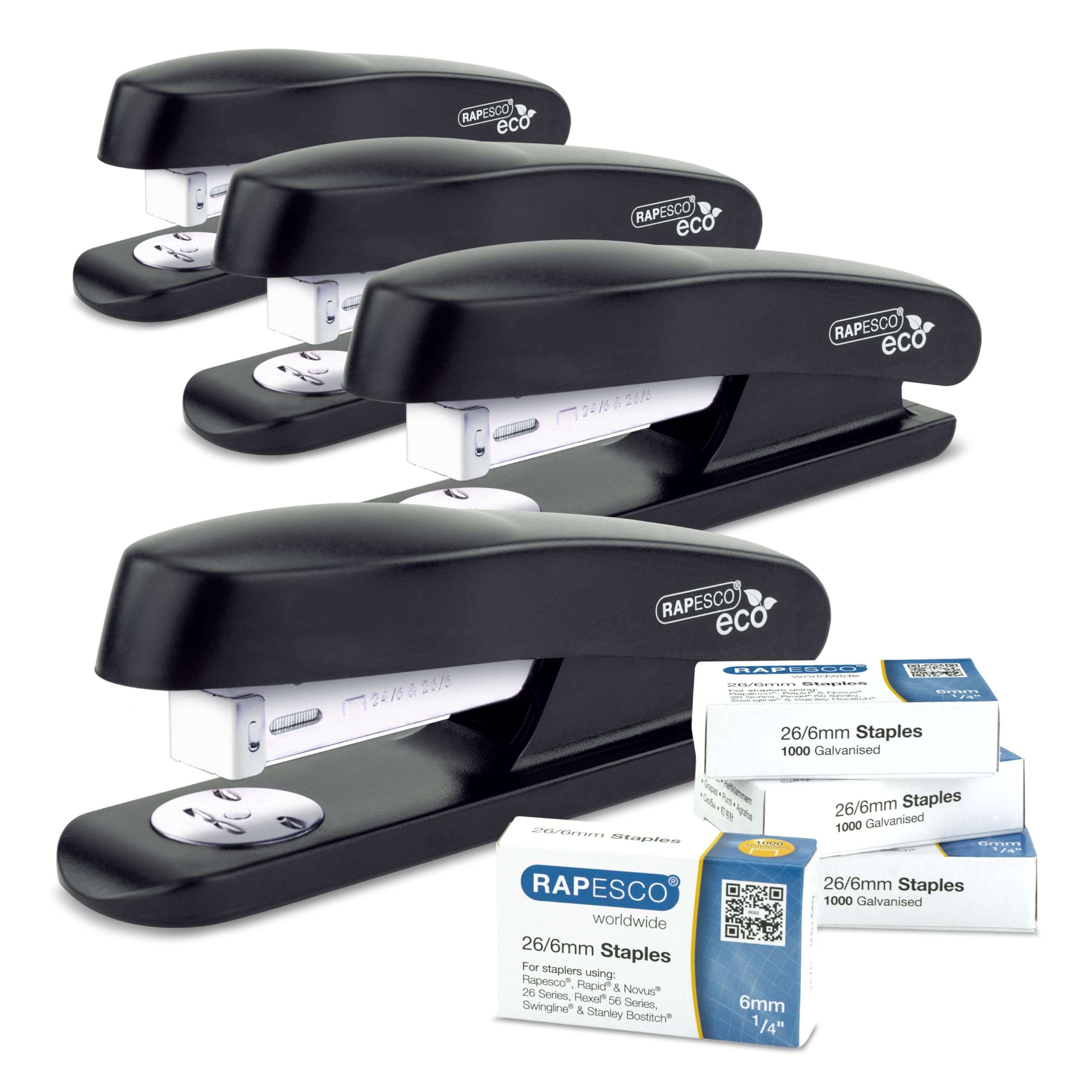 RAPESCO 1756 Business Pack: 4 ECO Half Strip Staplers and 4 Boxes of 1000 26/6 mm Staples