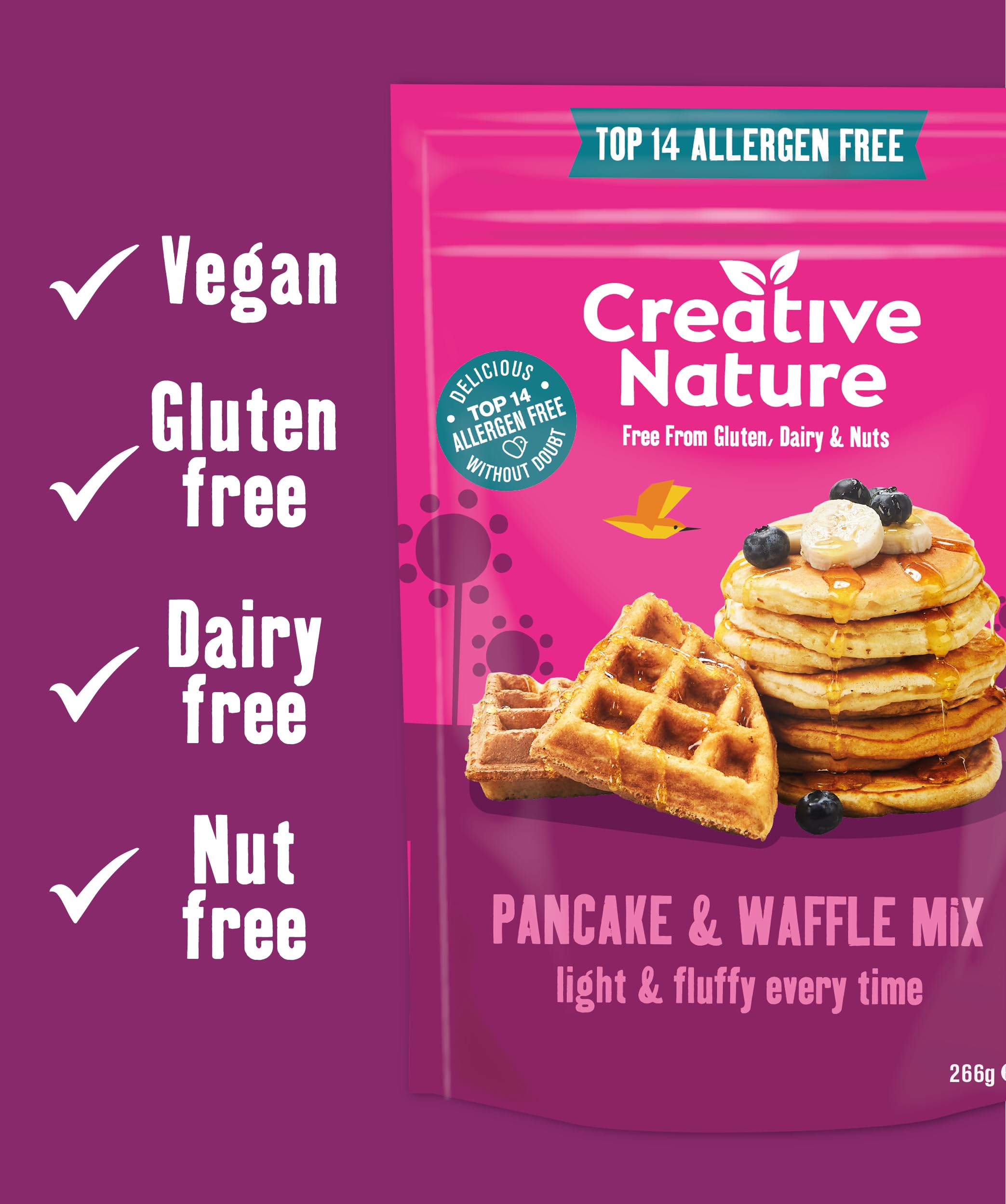 Creative Nature Gluten Free Pancake & Waffle Mix - Vegan, Free From Top 14 Allergens | 266g