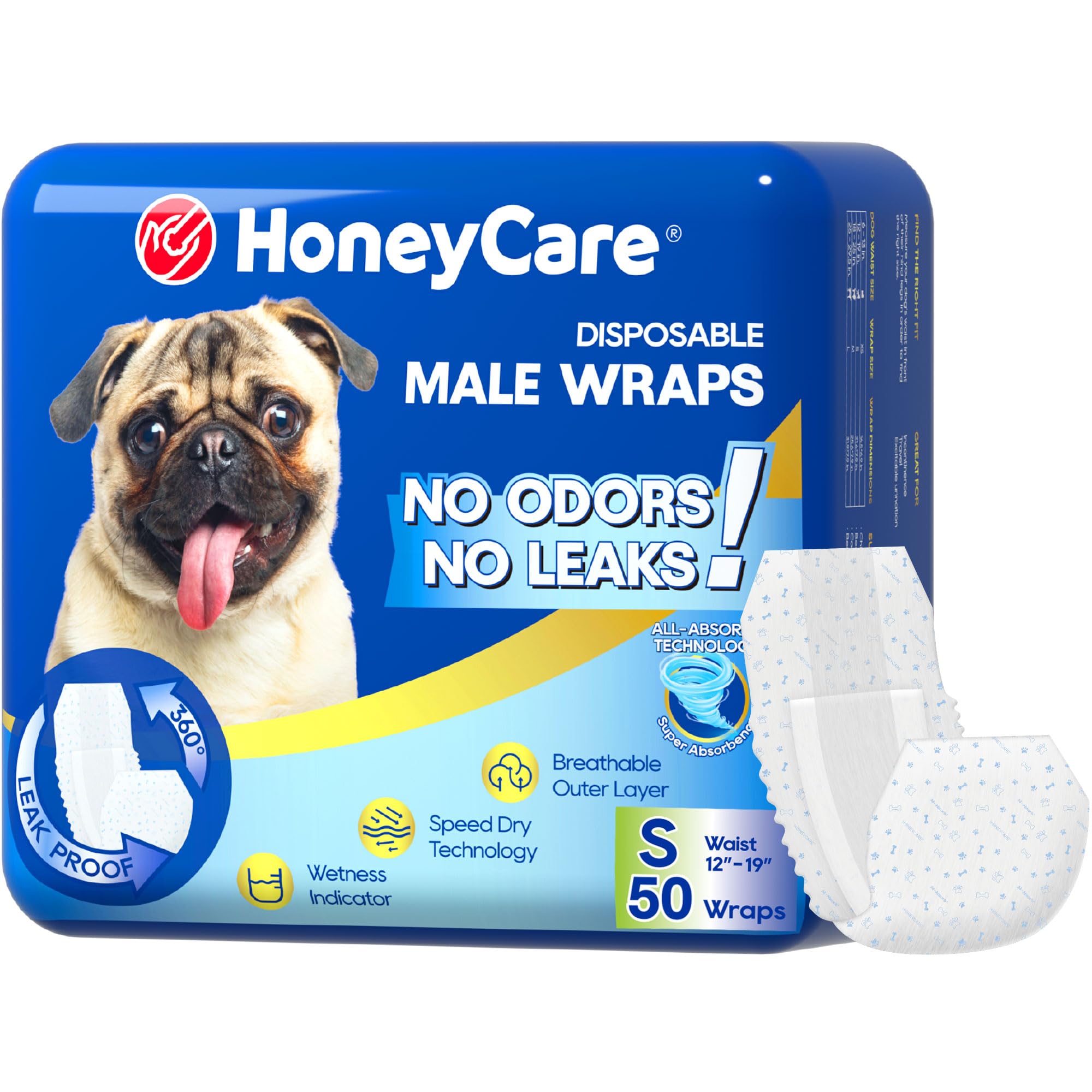 HONEY CARE All-Absorb A26 Male Dog Wraps - Small Size, 50 Count | Breathable & Leak-Proof