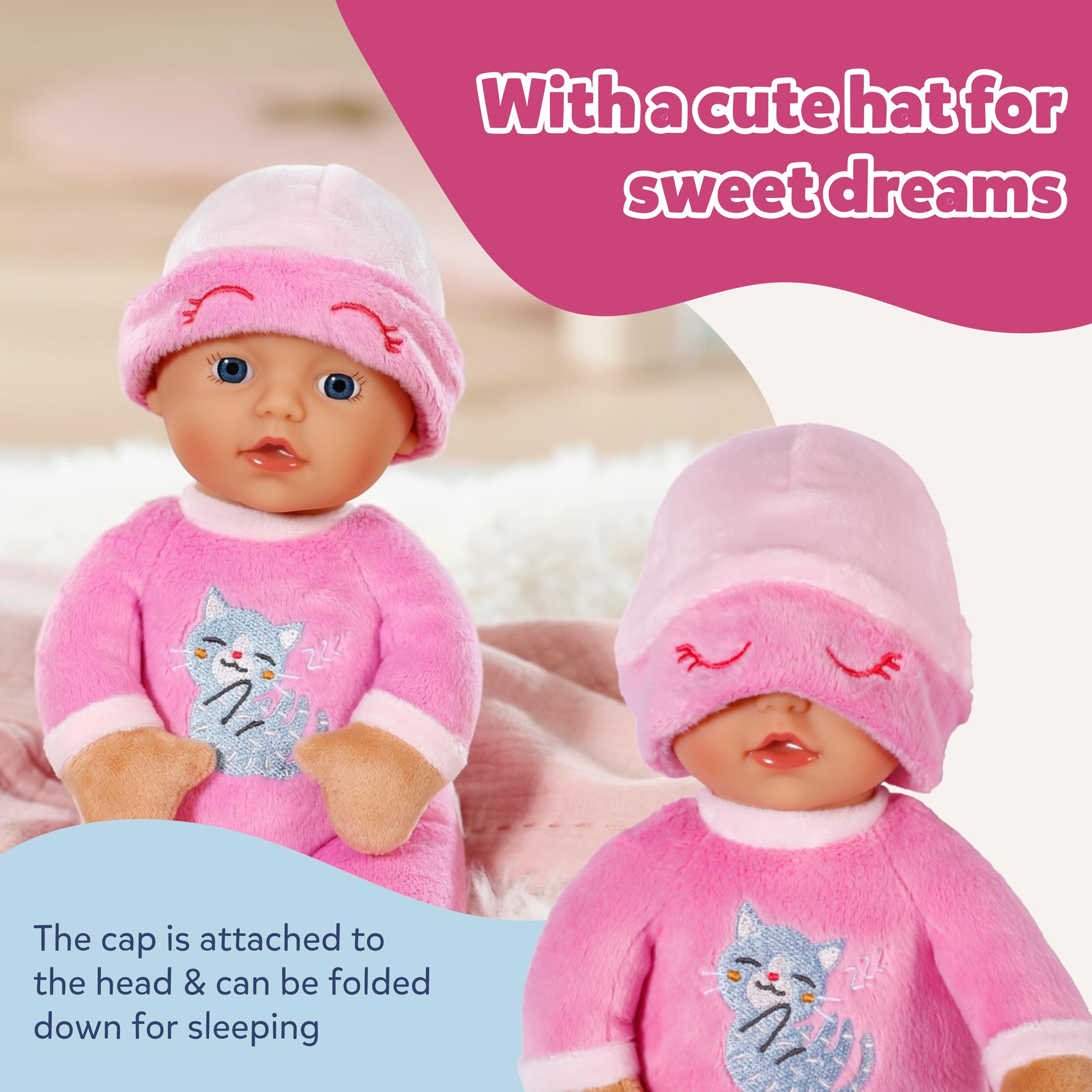 BABY born Sleepy Pink 30cm Soft Fabric Doll with Cat Design - Cuddly Baby Toy 7