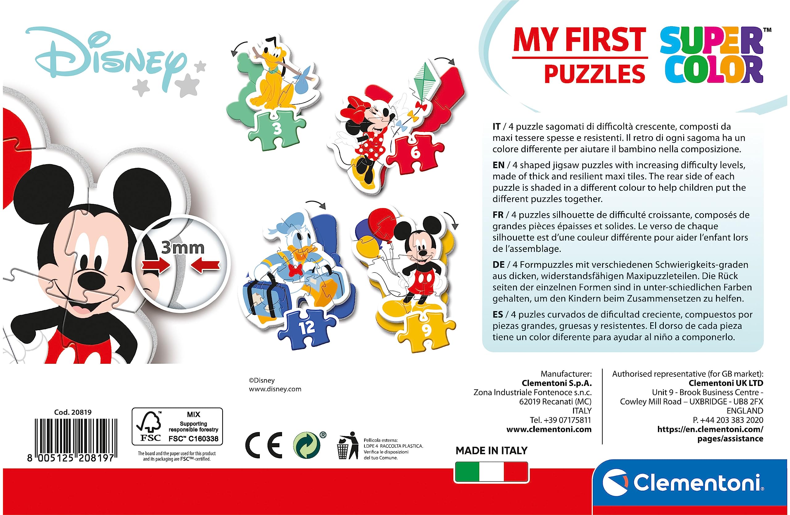 Clementoni My First Puzzle - Disney Mickey Mouse 4-in-1 Set (3, 6, 9, 12 Pieces) | Ages 2+ 3