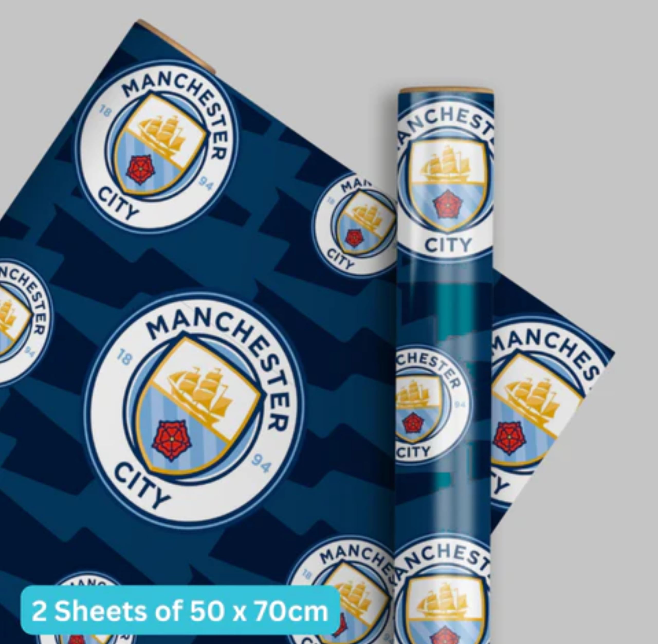Danilo Promotions LTD Manchester City FC Wrapping Paper - 2 Sheets (70x50cm) | Blue Crest Pattern 4
