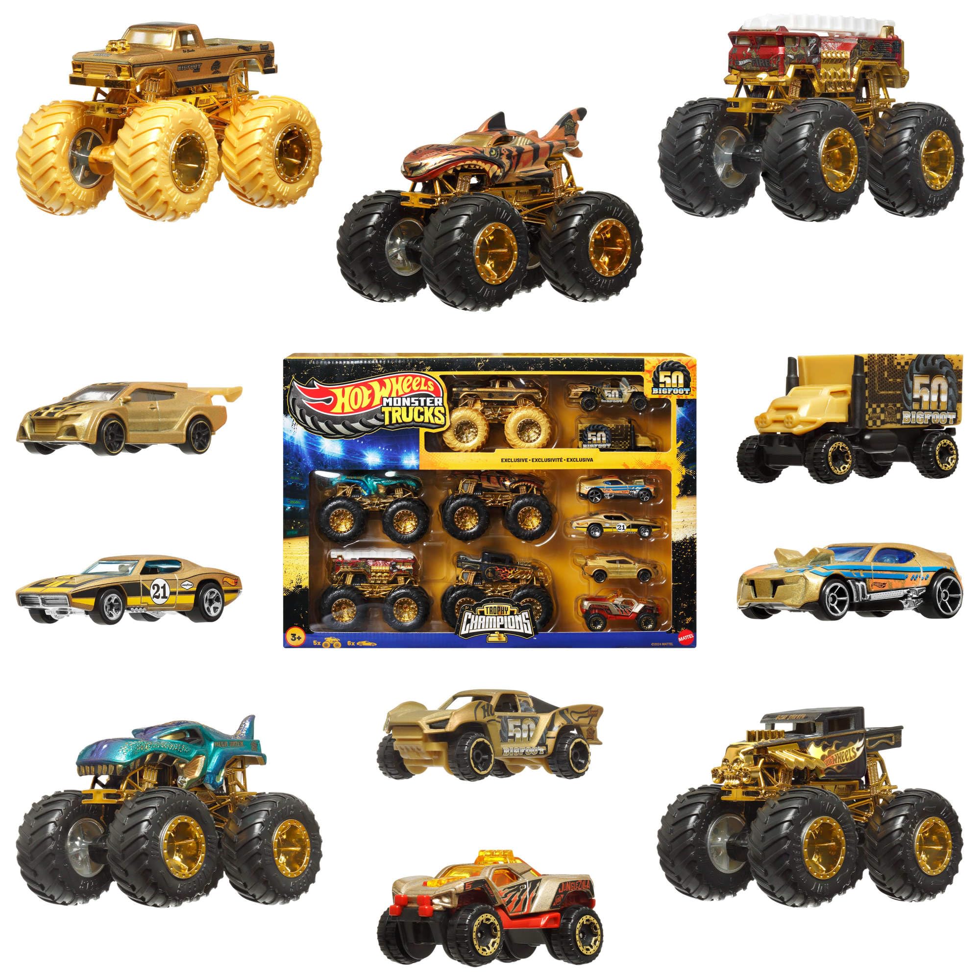 Hot Wheels Monster Trucks Trophy Champions Collection (11 Pcs) | 5 Monster Trucks & 6 Die-Cast Cars | 3Y+