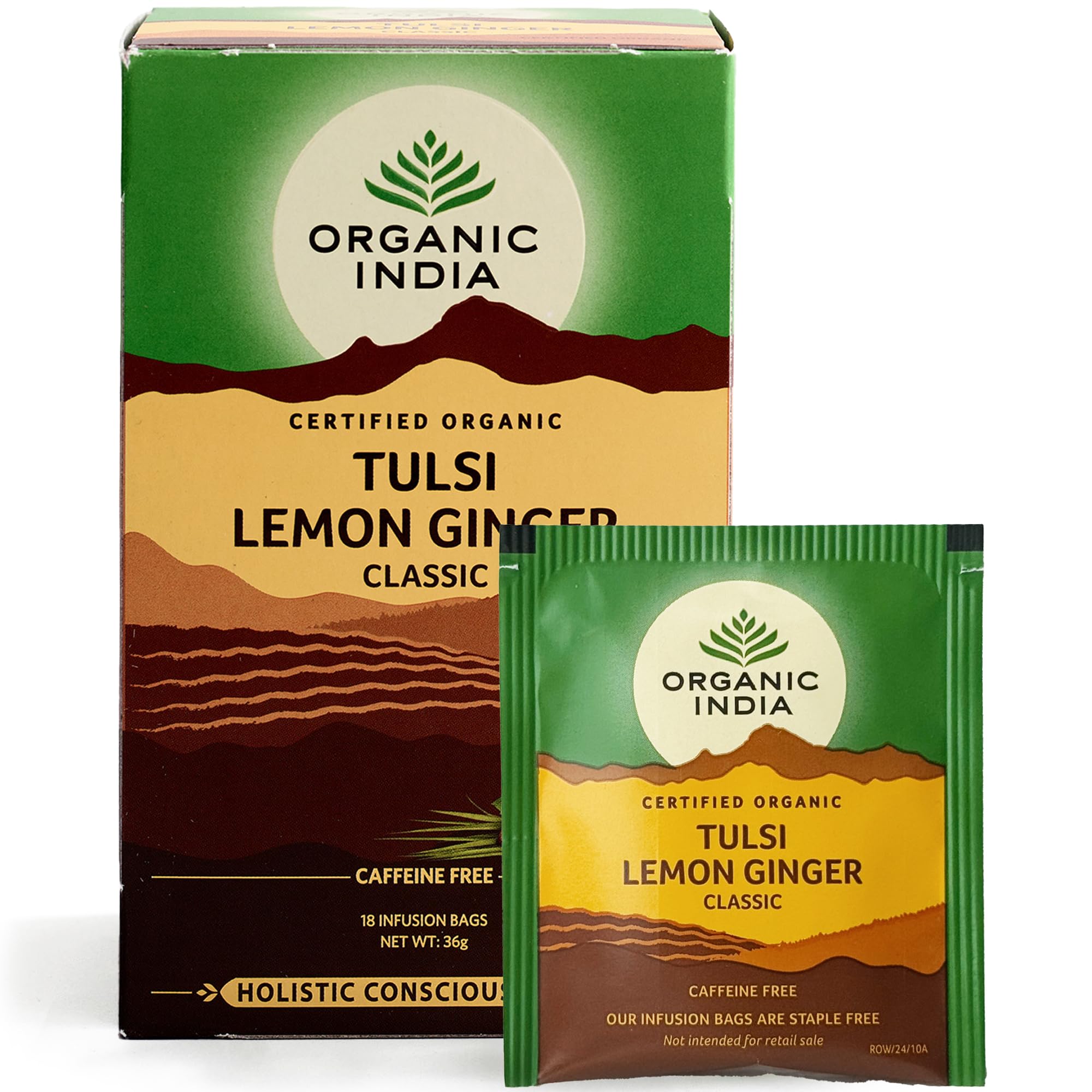 ORGANIC INDIA Tulsi Lemon & Ginger Herbal Tea - Caffeine-Free, Certified Organic, 1 Count Teabags