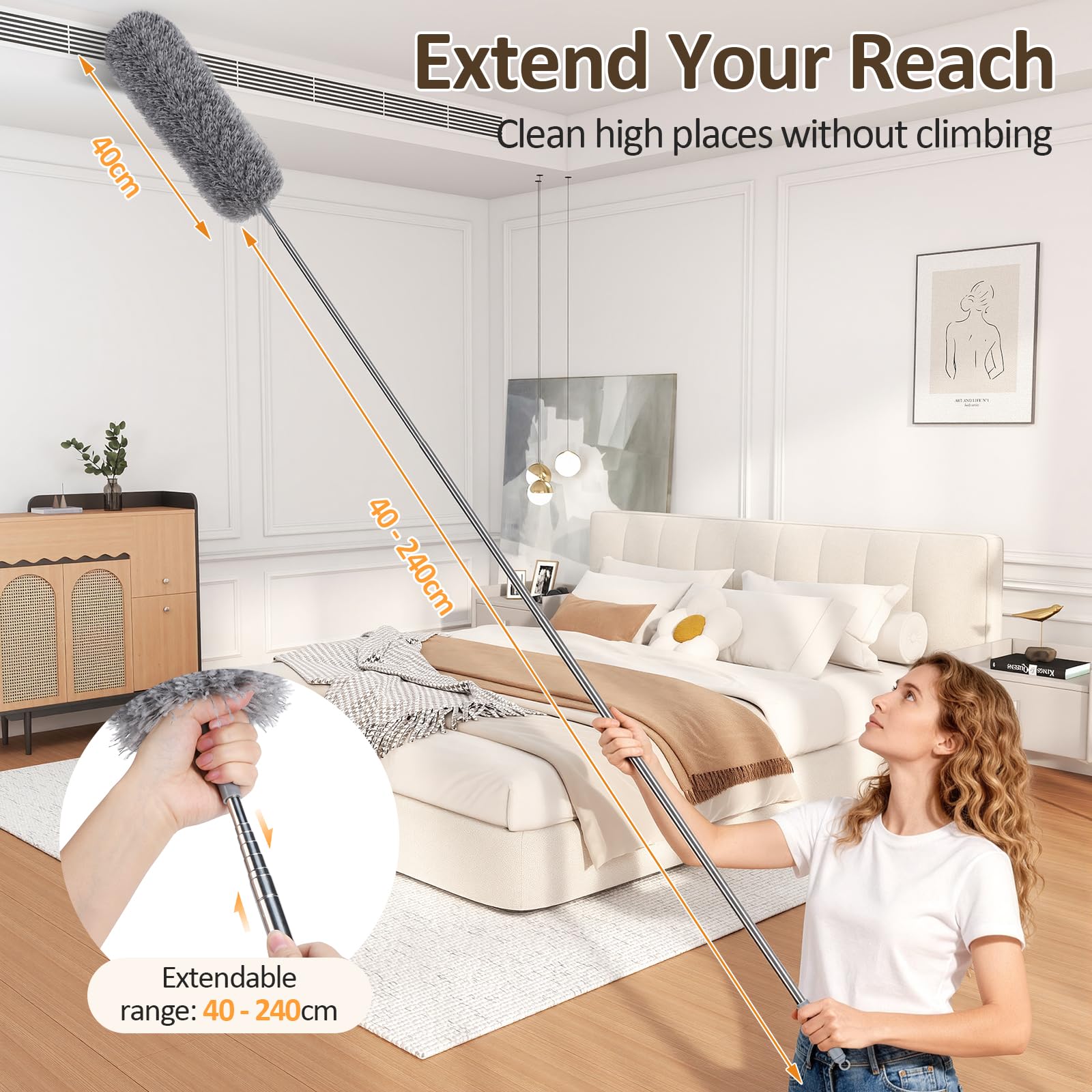 Alyvisun Extendable Feather Duster - 40-240 cm Telescopic Pole, Washable Microfibre Head