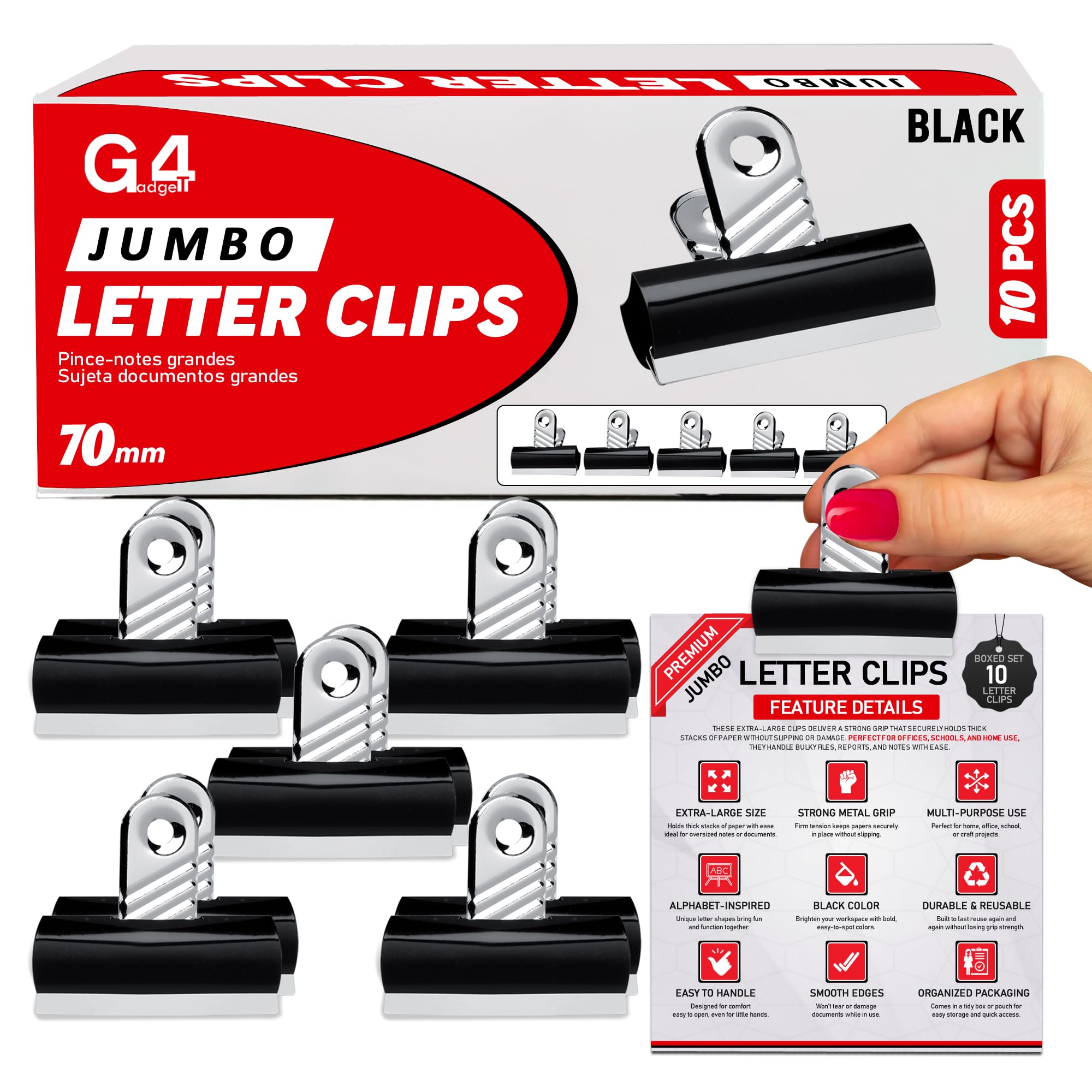 G4GADGET Jumbo Black Bulldog Clips 70mm - Heavy-Duty Metal Binder, 10 Pack | Holds 195 Sheets