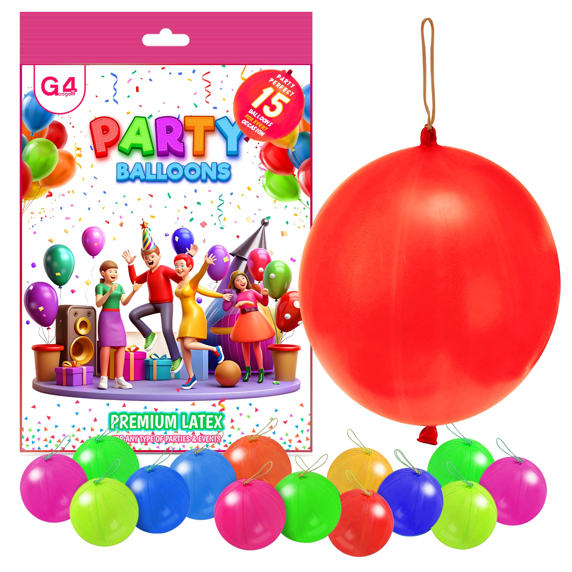 G4GADGET 15 Pack Punch Balloons - Assorted Colors, Large Size, Elastic Bands