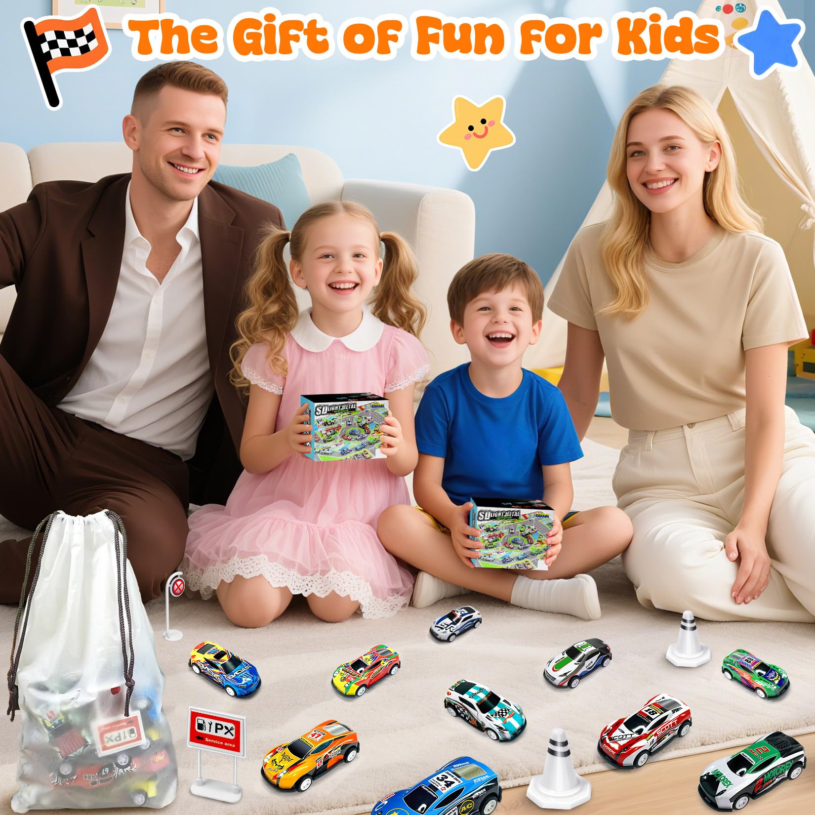 TOYABI 10Pcs Pull Back Toy Cars Racing Set with Mat & 2 Launchers | Metal Shell | Ages 3+ 7