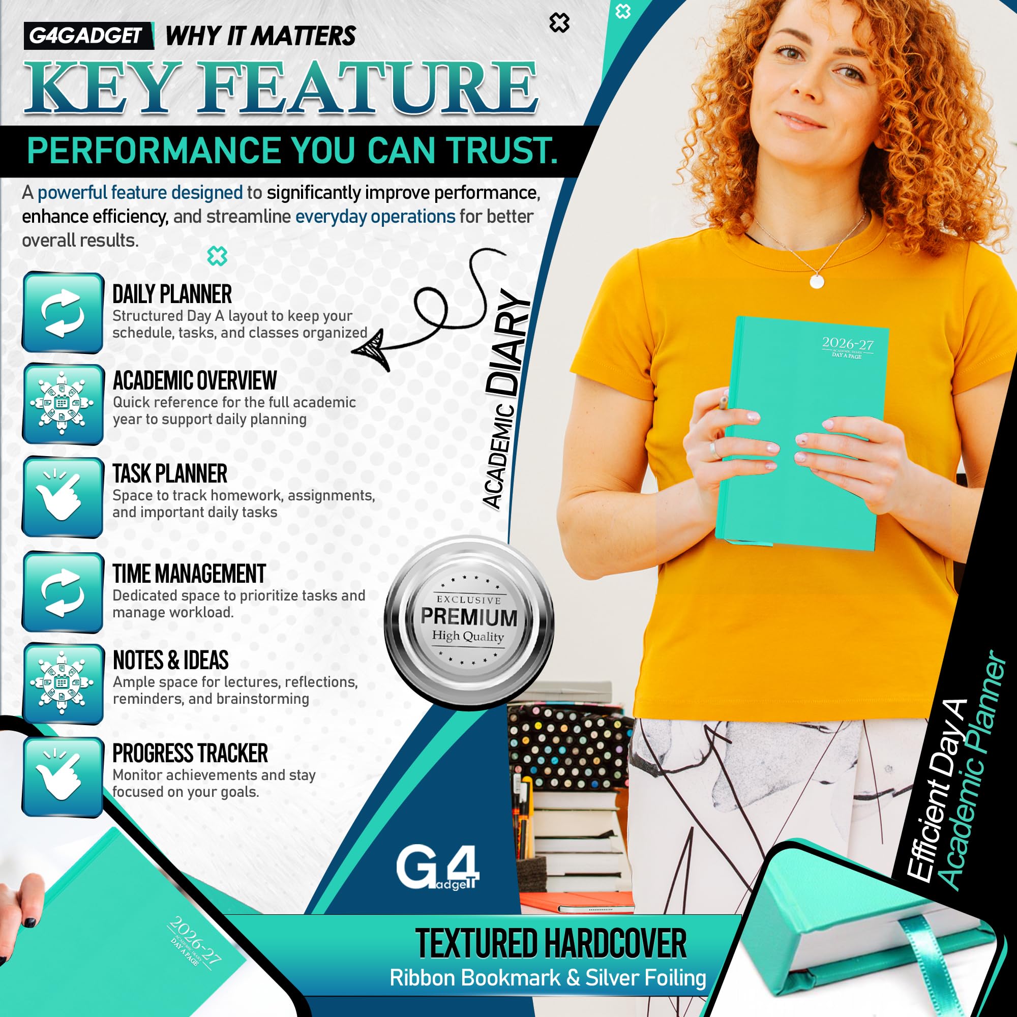 G4GADGET 2026-2027 Academic Diary - A4 Day A Page | Teal Hardback | August 2026 Start 3