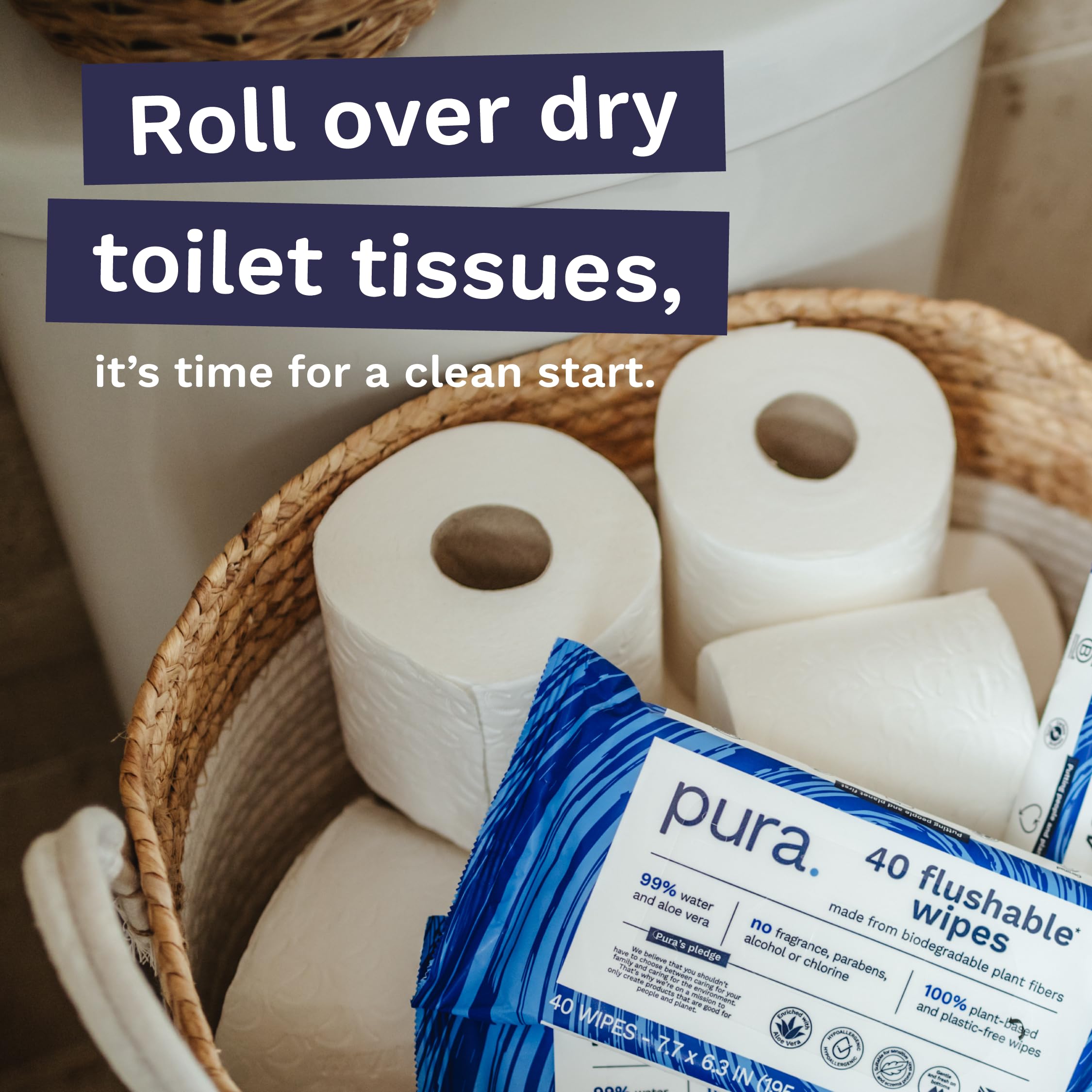 Pura Flushable Moist Toilet Tissue Wipes - 40 Count Pack, 100% Plastic Free 8