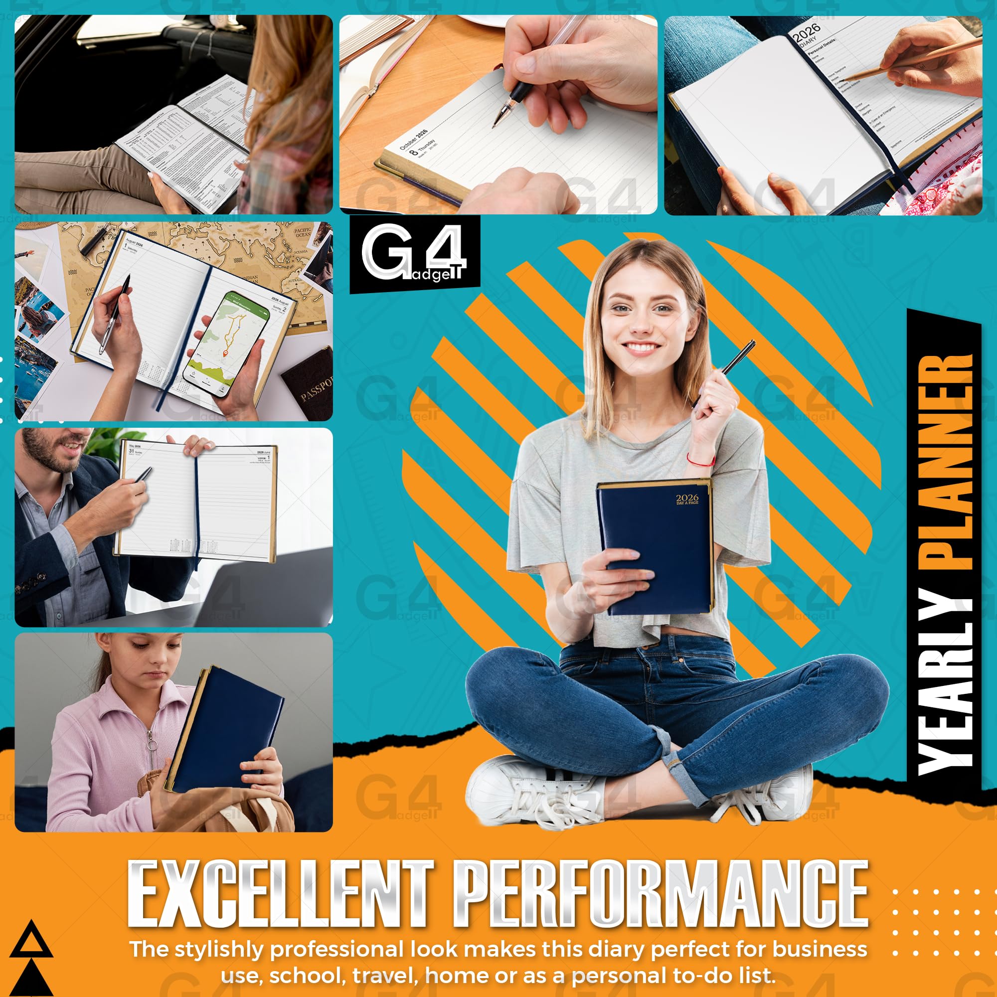 G4GADGET 2026 A4 Day a Page Diary | Blue Hardback with Gilt Edges 5