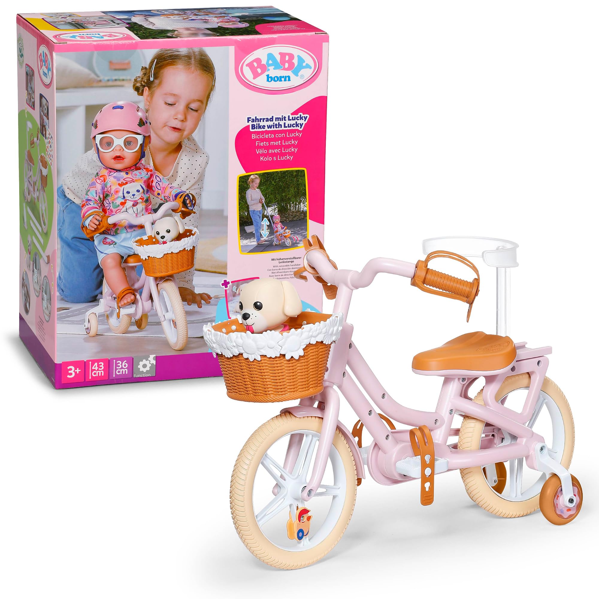 BABY born Doll Bicycle with Lucky Dog Carrier | Height-Adjustable Handle | Brown Plastic