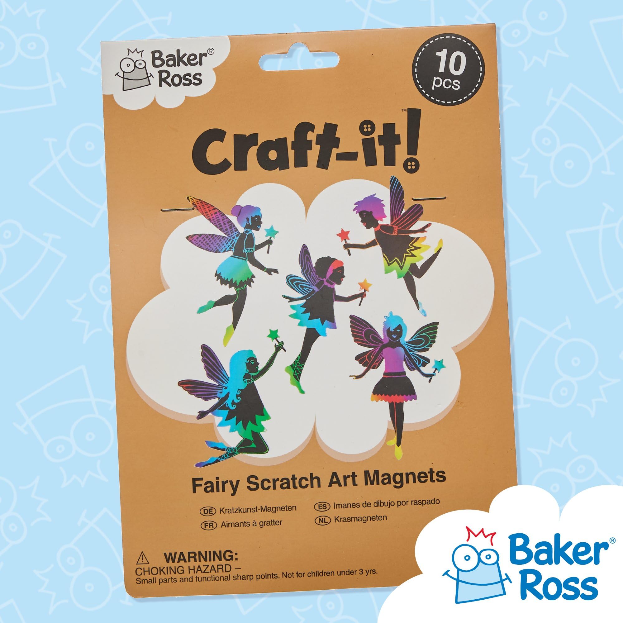 Baker Ross Fairy Scratch Art Magnets - 10 Pack Party Favour Craft Kit for Kids Ages 3+ 6