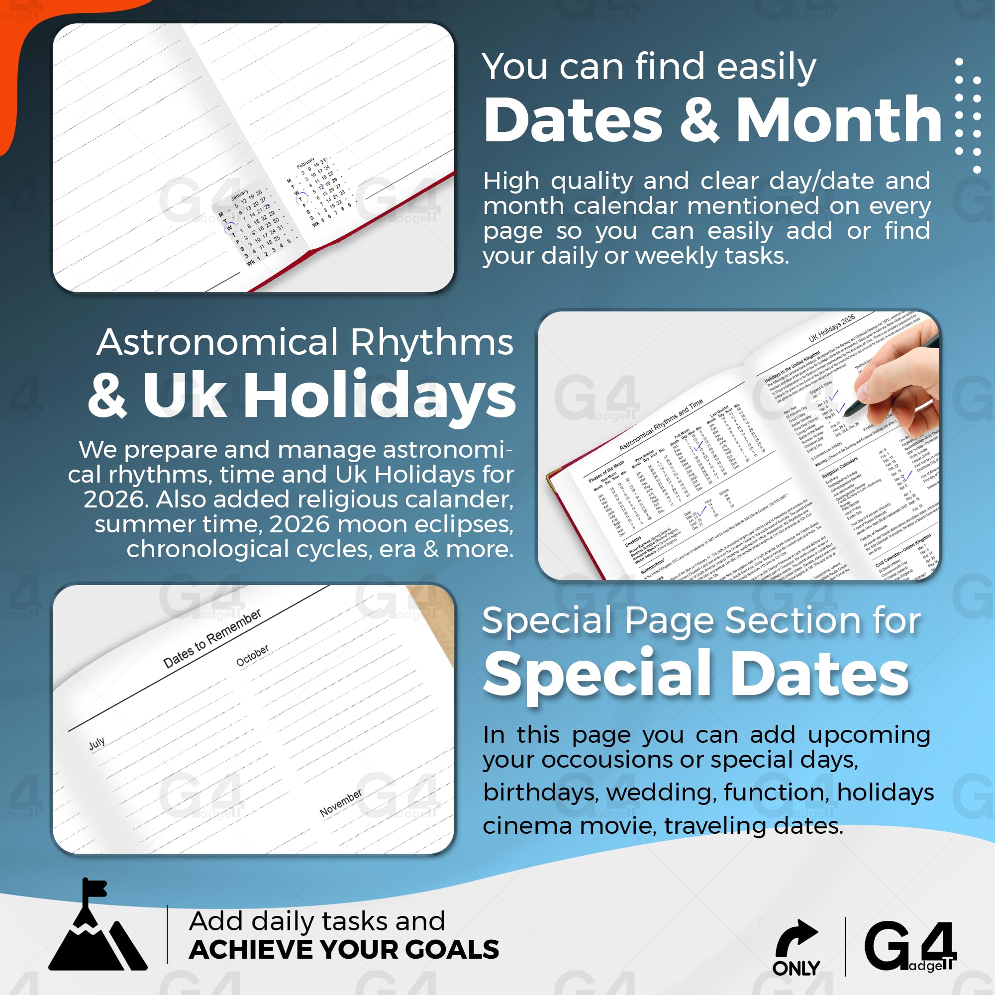 G4GADGET 2026 A5 Week to View Diary | Red Hardback with Gilt Edges 4