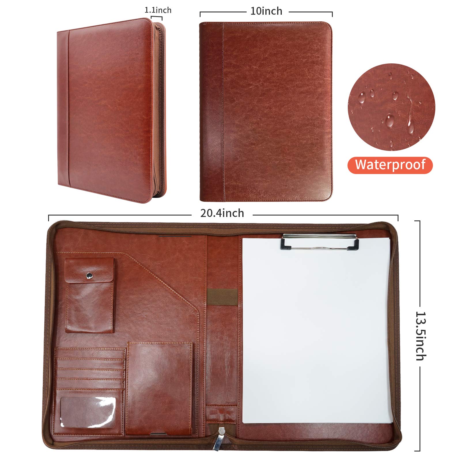 NEWYES Leather Zipper Conference Folder - A4 Size, Brown Faux Leather Organizer | Waterproof 7