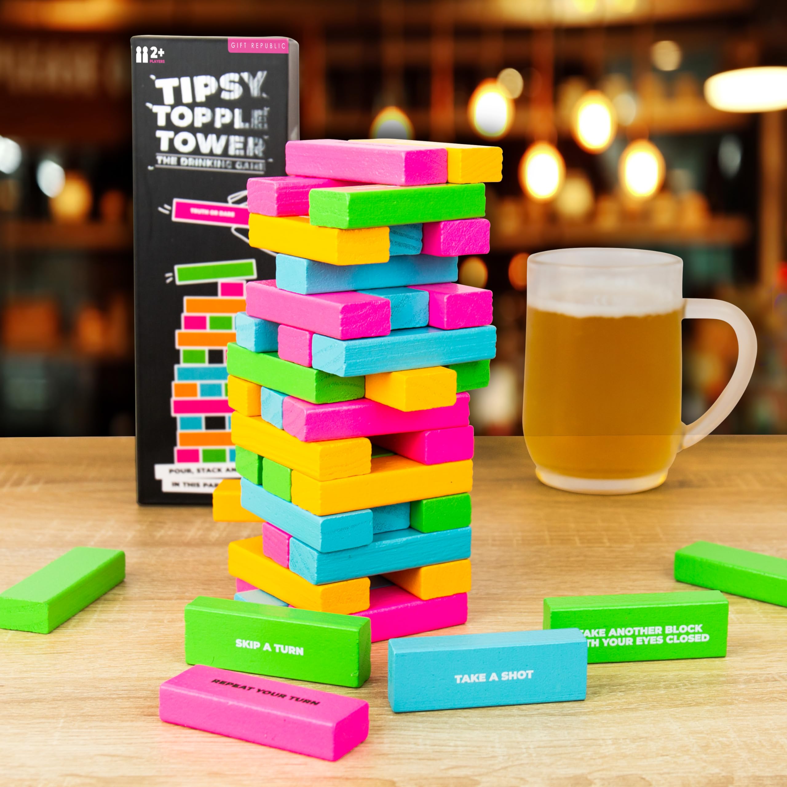 Gift Republic Tipsy Topple Tower Drinking Game - 48 Wooden Blocks | Adult Party Game