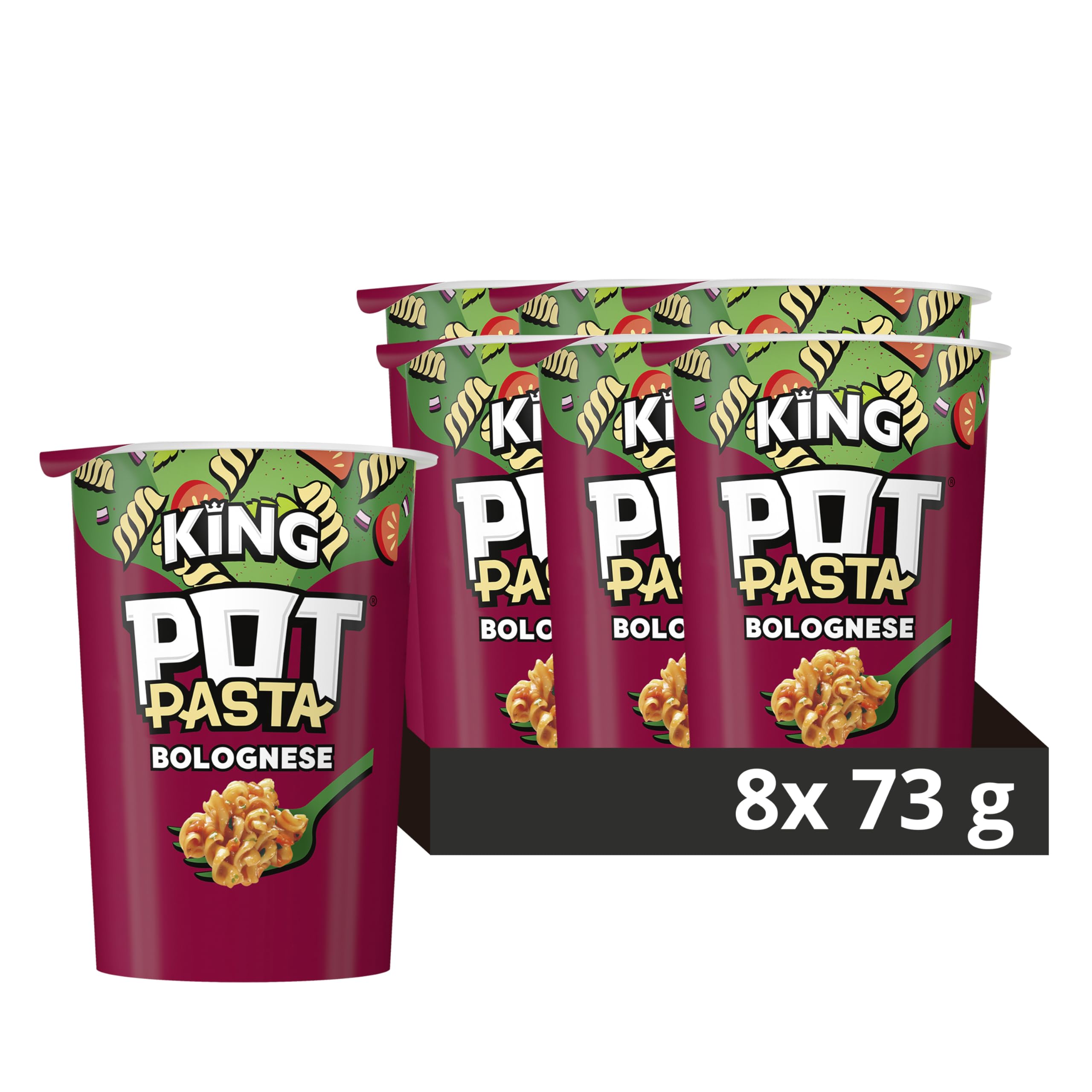 Pot Noodle King Pot Pasta Bolognese Instant Hot Snack Pot | 73g Pack of 8 | Source of Protein