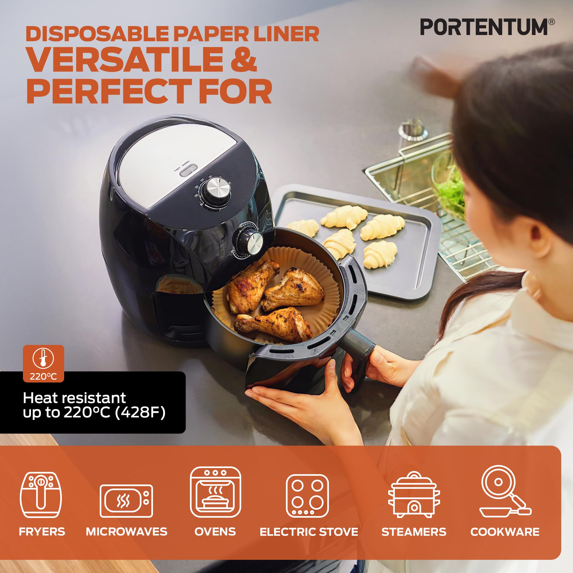 PORTENTUM Air Fryer Liners - 100PCS Disposable, Unbleached, Greaseproof Round Paper 8