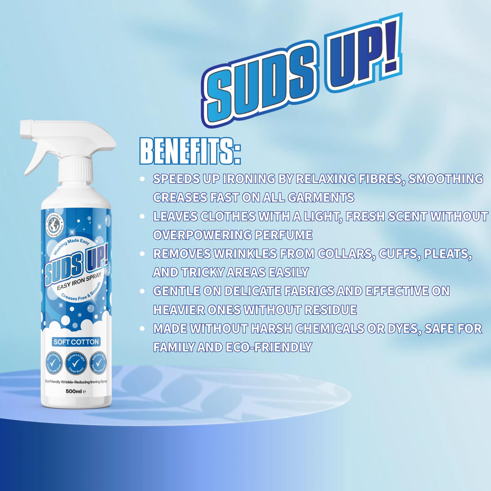 Suds Up! Easy Iron Spray - Soft Cotton Scent | 500 ml | Wrinkle Reducing Liquid 3