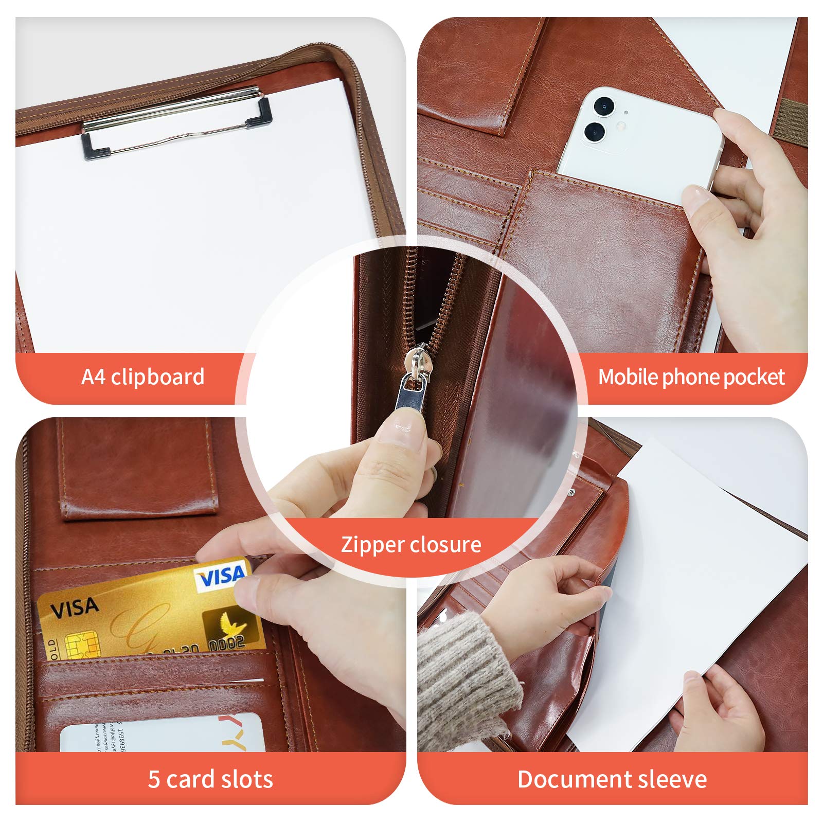 NEWYES Leather Zipper Conference Folder - A4 Size, Brown Faux Leather Organizer | Waterproof 5