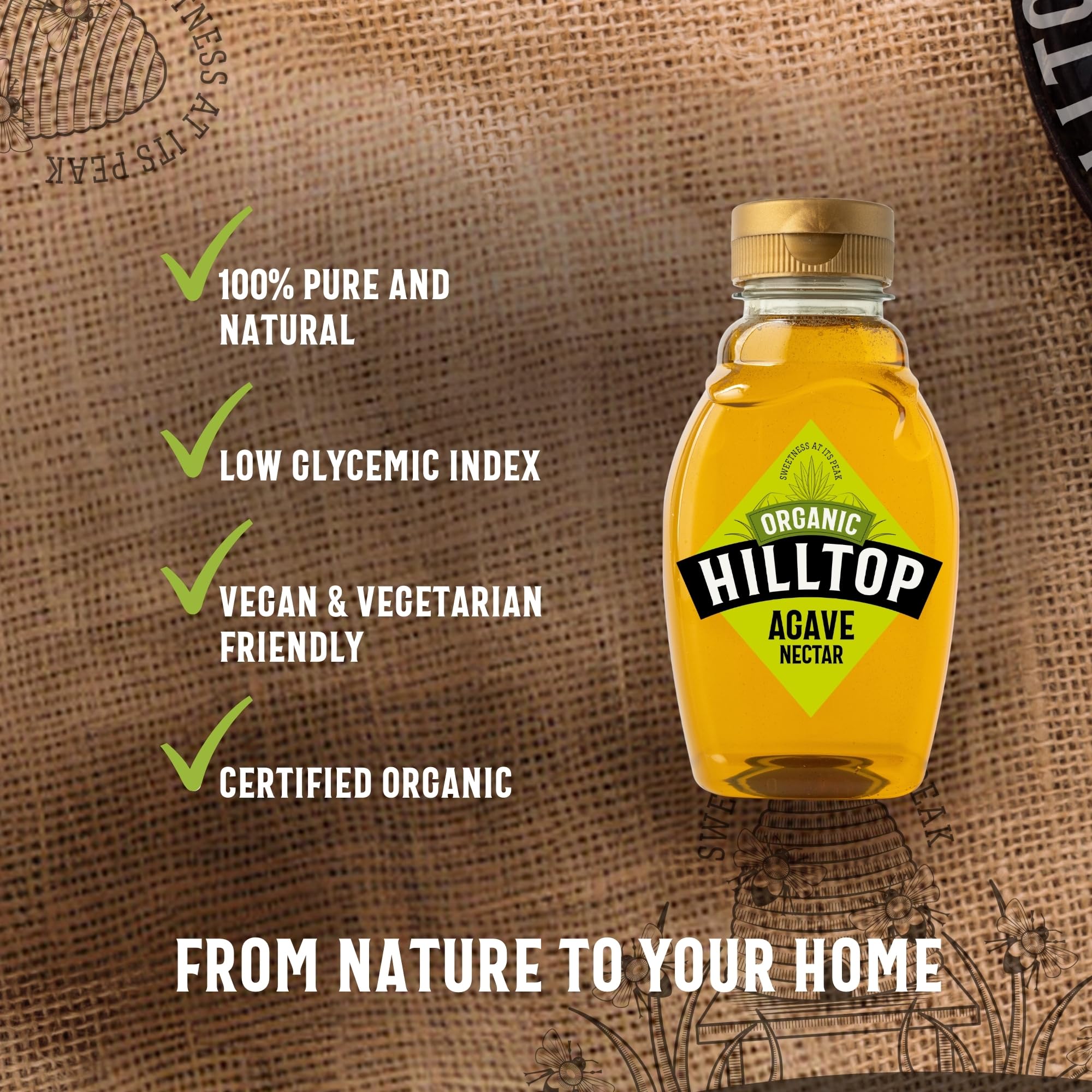 Hilltop Honey Organic Agave Nectar - Low GI Sweetener | 330g Squeezy Bottle