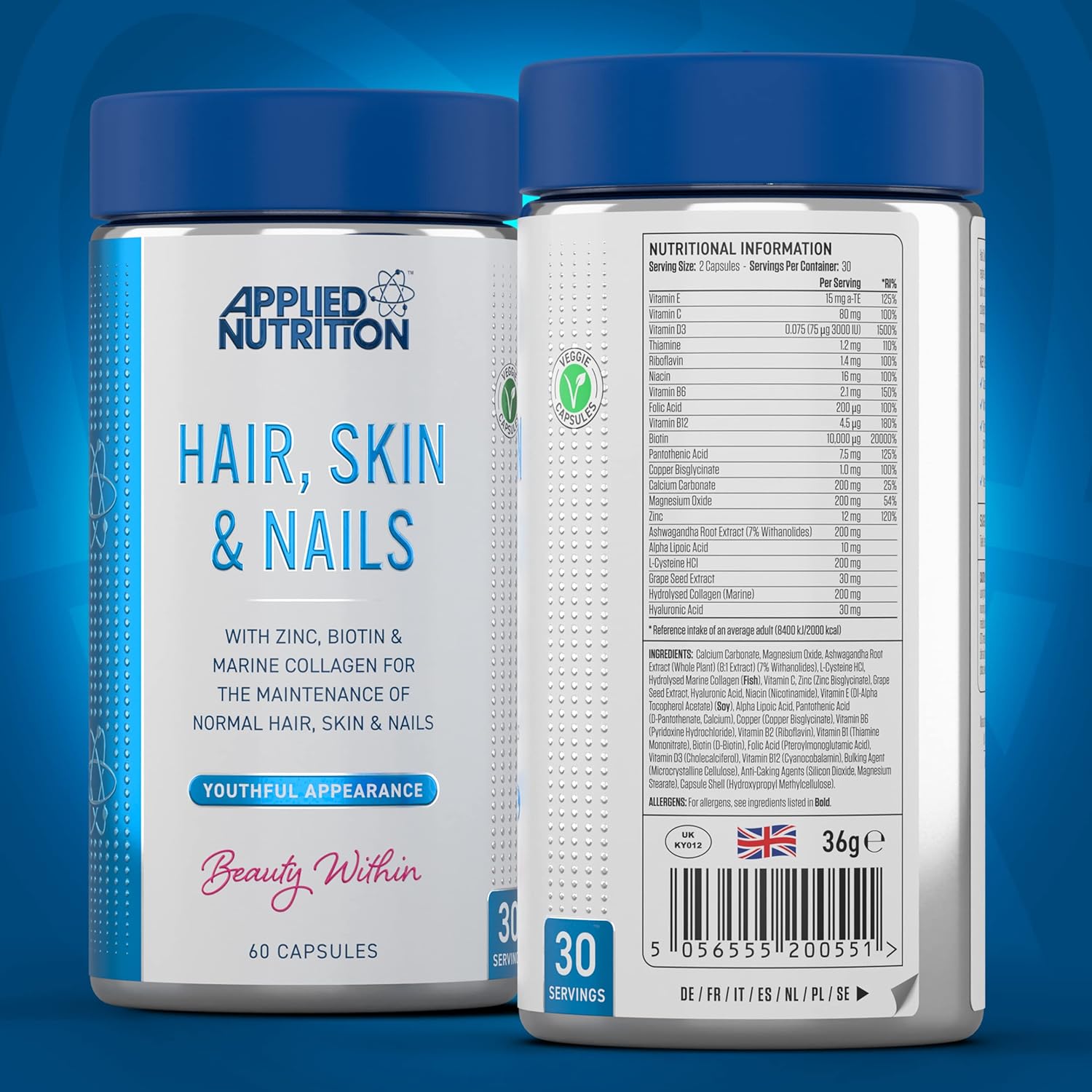 Applied Nutrition Haar, Haut, Nägel – Nahrungsergänzungsmittel mit Biotin und Meereskollagen (60 Kapseln) 15