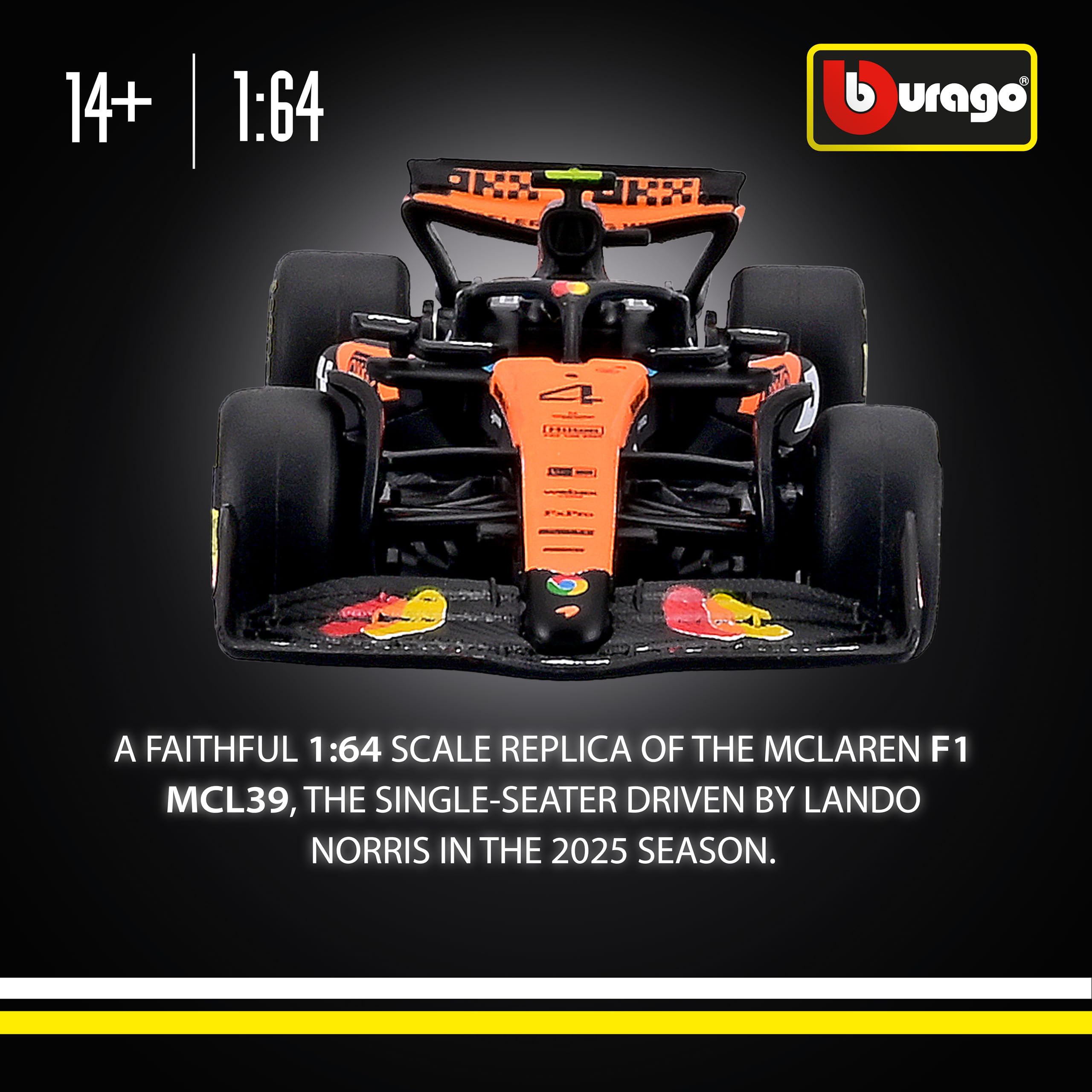 Bburago F1 McLaren F1 MCL39 2025 #4 Lando Norris Diecast Car | 1:64 Scale | Metal