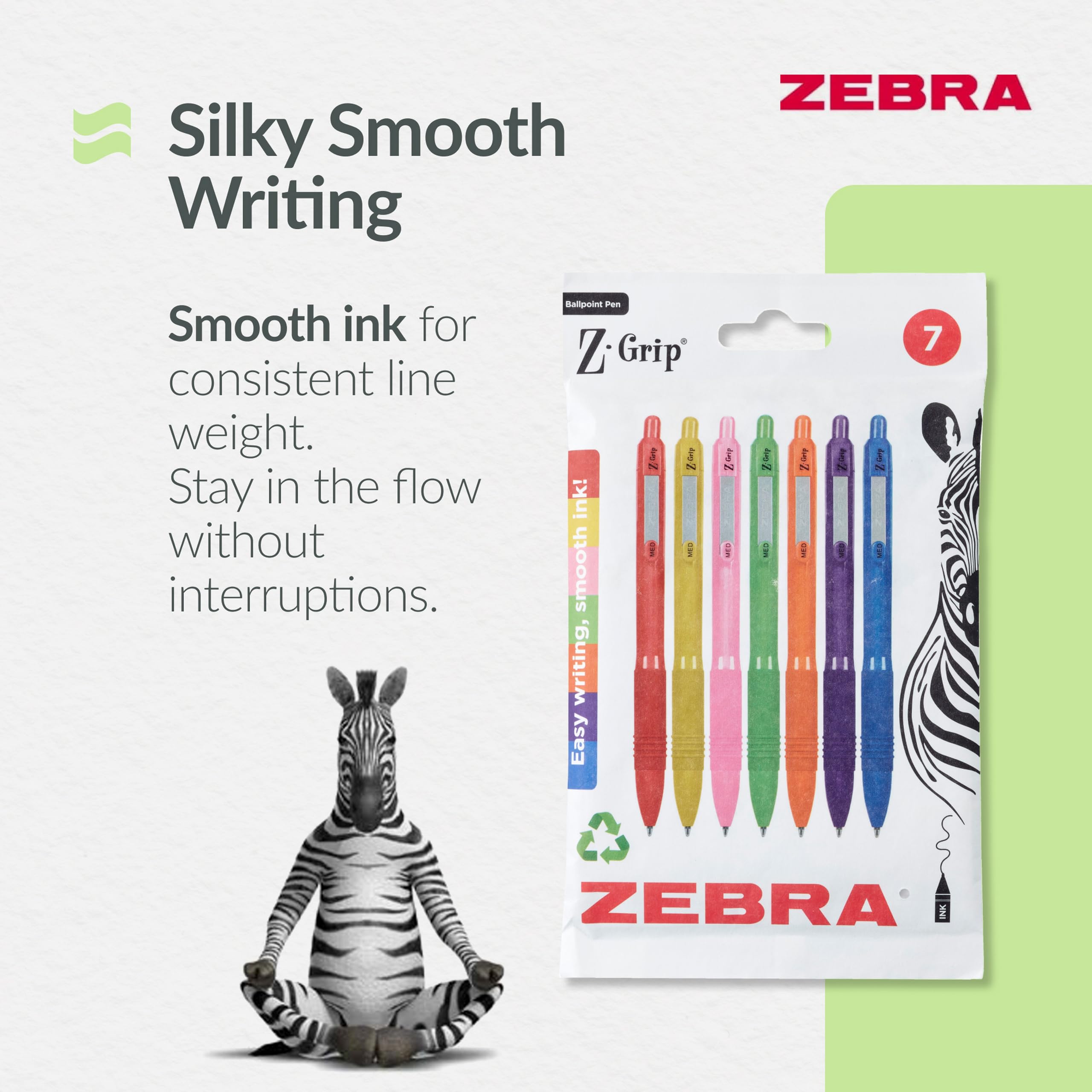 Zebra Pen Z GRIP Smooth Ballpoint Pens - Black Ink, Rainbow Barrel, 1mm Medium Point, 7 Pack