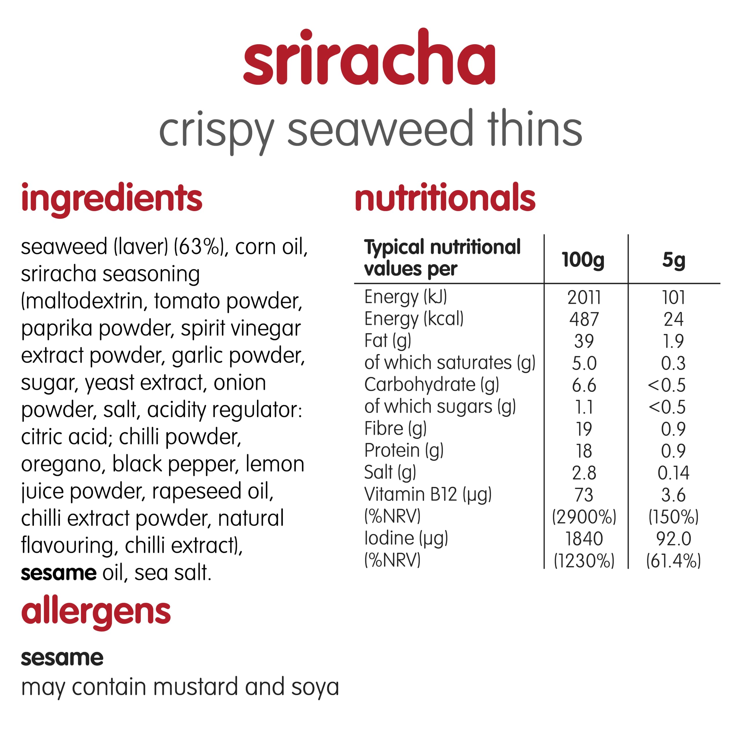 itsu Seaweed Thins Sriracha Seasoned - 32 Pack of 5g Crispy Vegan Snacks | Low Calorie 5