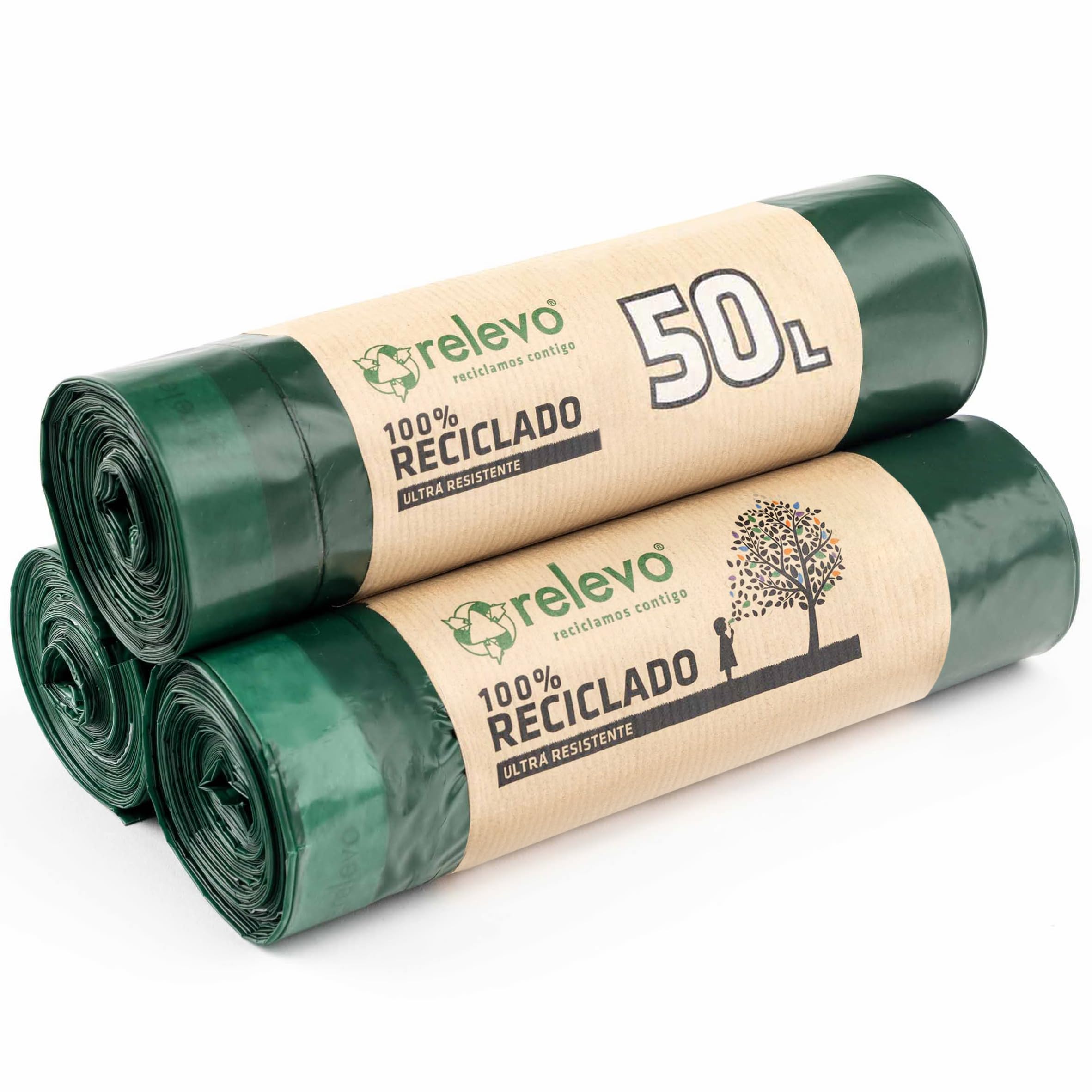 Relevo 50L Bin Liners - 100% Recycled Plastic | Drawstring Closure | 30 Count