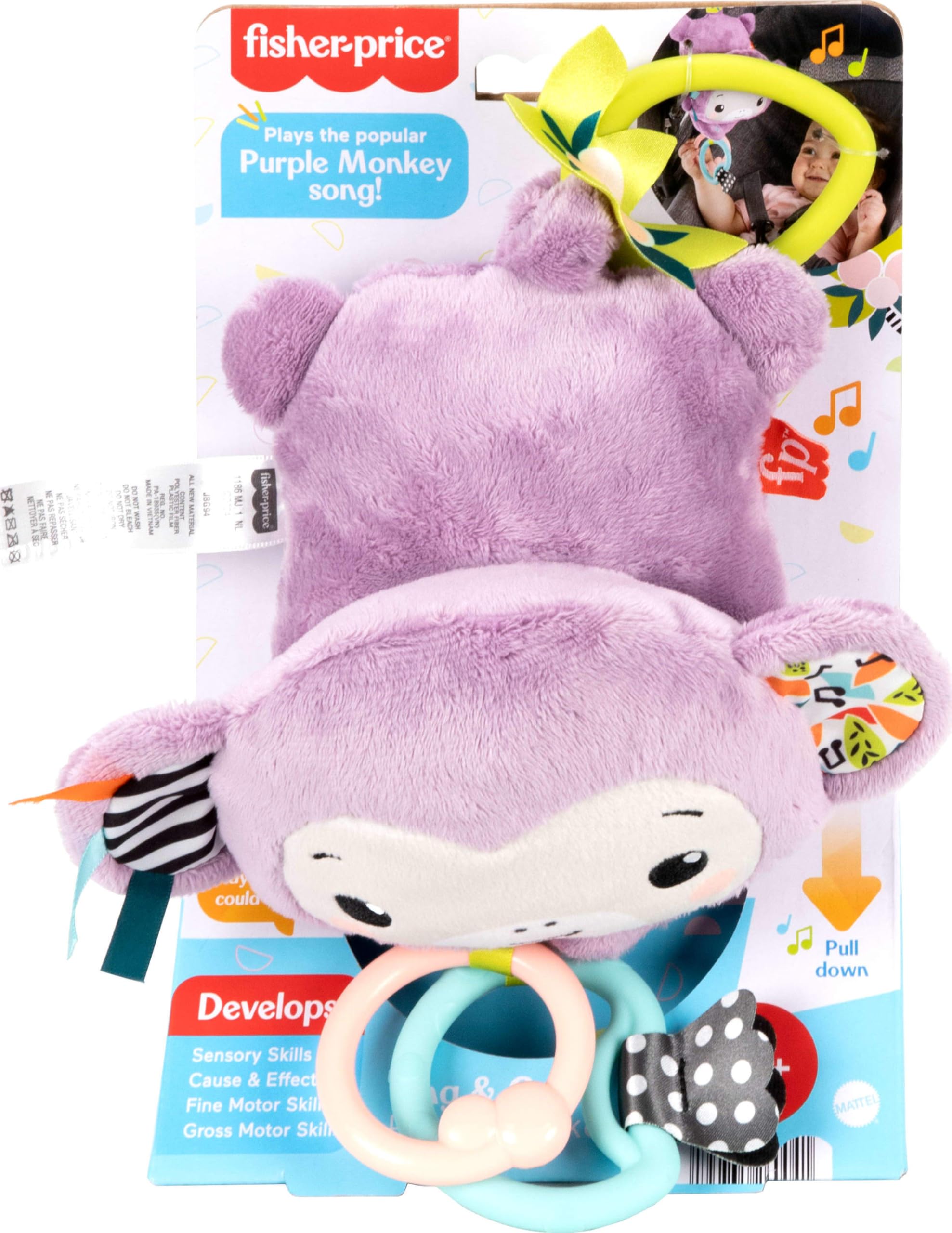 Fisher-Price Sing & Go Purple Monkey Stroller Toy - Musical Sensory Toy for Newborns 12