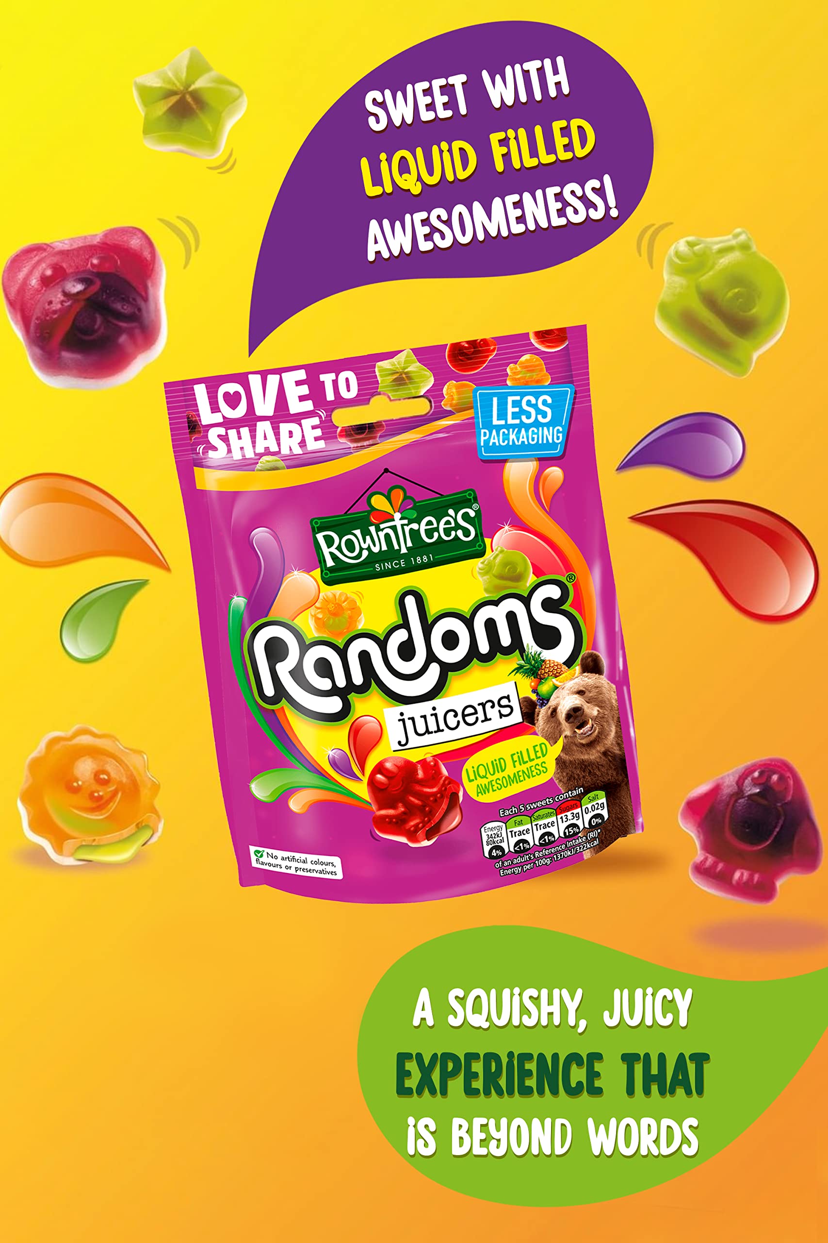 Rowntree's Randoms Juicers Sweets Sharing Bags - Juicy Liquid Center | Pack of 9 x 140g