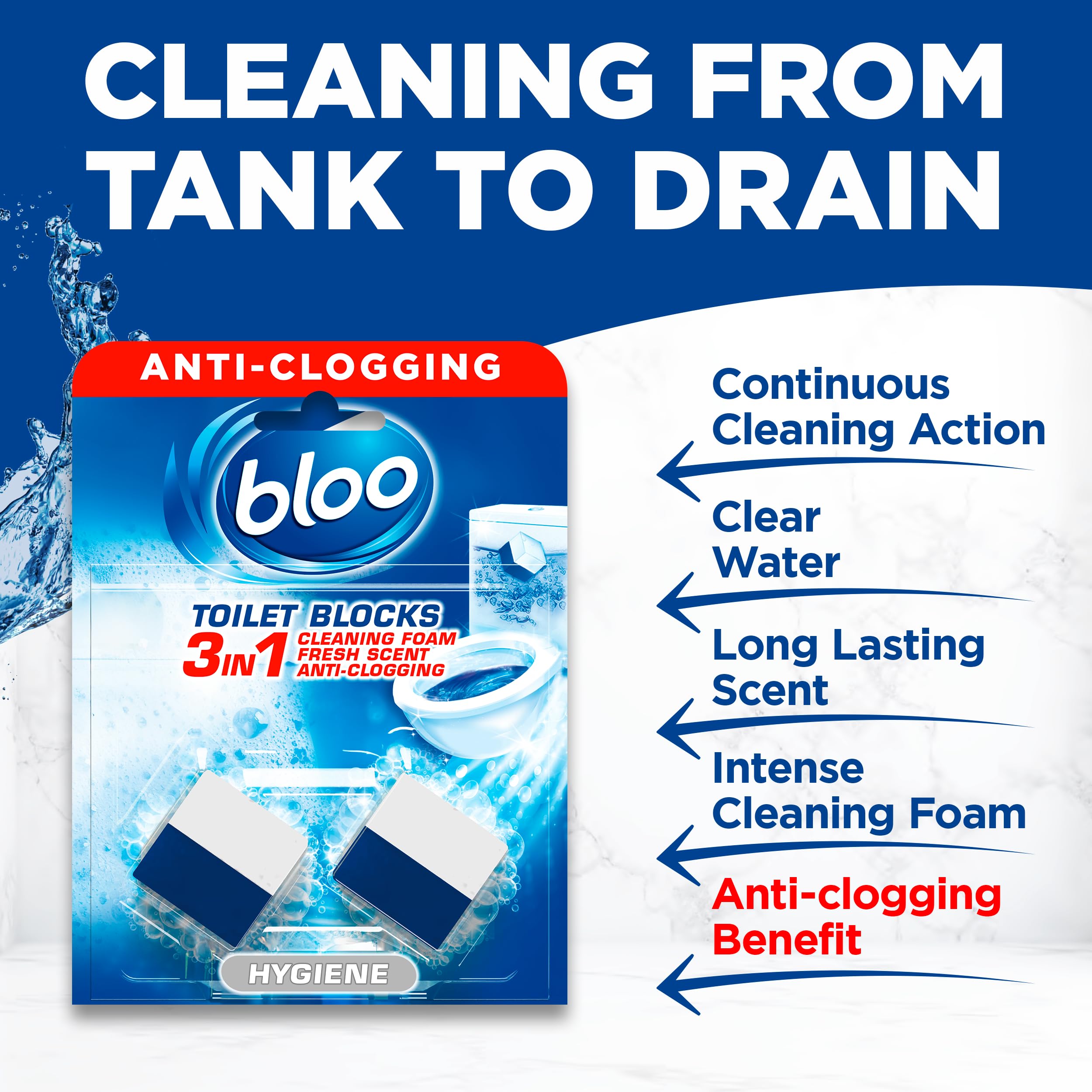Bloo Hygiene 3in1 Cleaning Foam Toilet Blocks - Active Limescale Prevention, Fresh Scent | 2 Pack