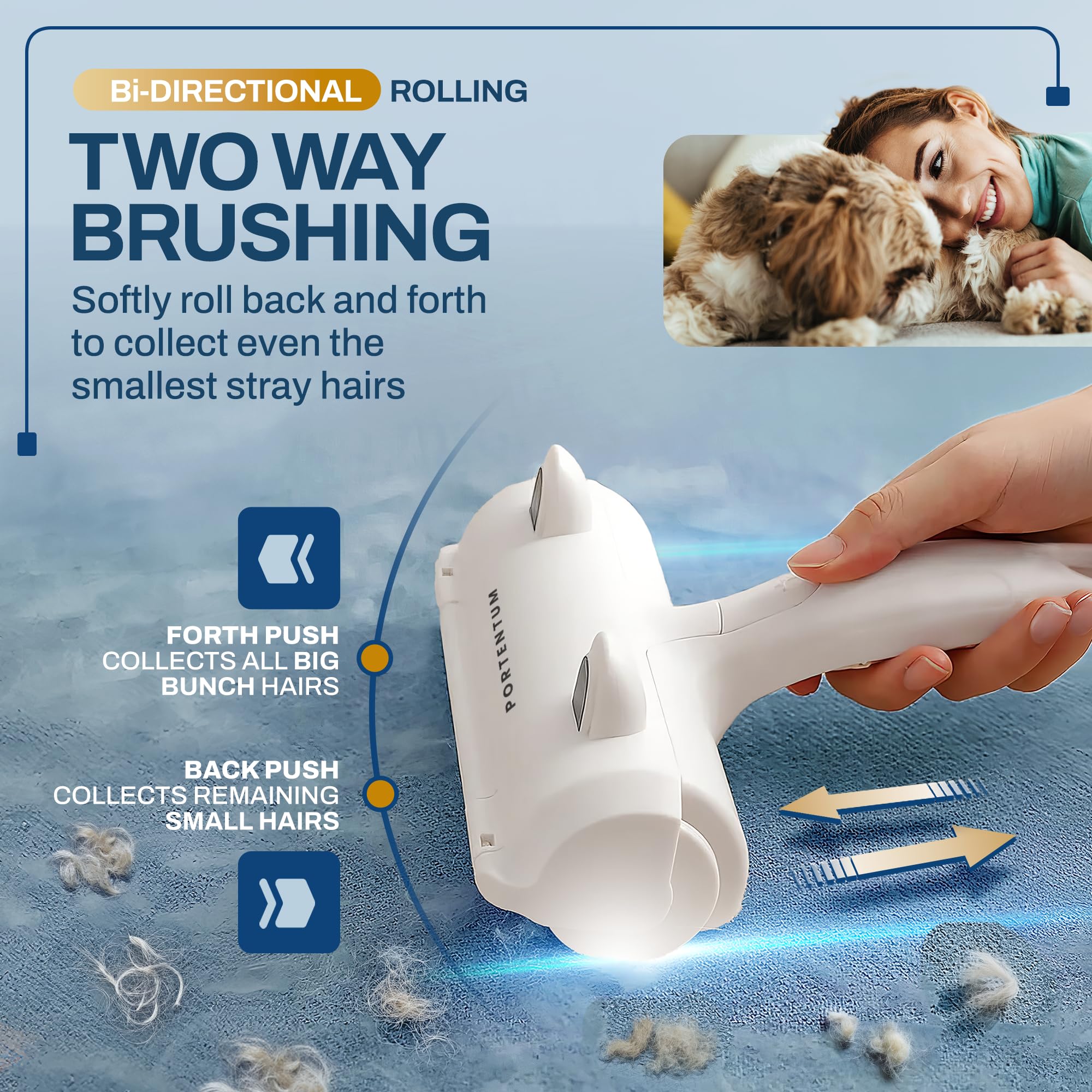 PORTENTUM Pet Hair Remover Roller - Reusable Self-Cleaning Lint Brush for Furniture & Carpet | Blue | Medium/Large 5