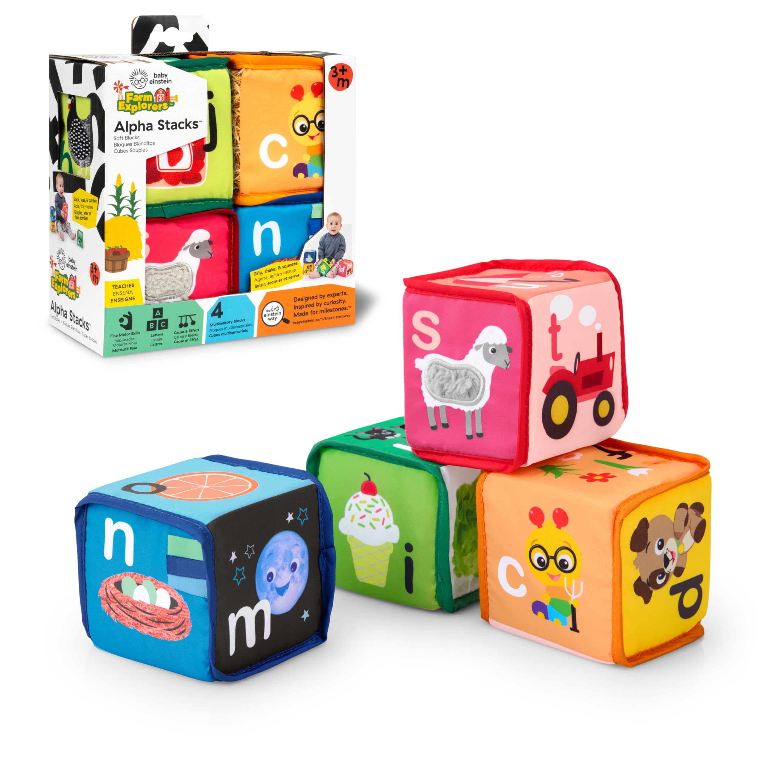 Baby Einstein Alpha Stacks Soft Blocks - Multisensory Learning Toy for Ages 3 Months+ | 4-Piece Set