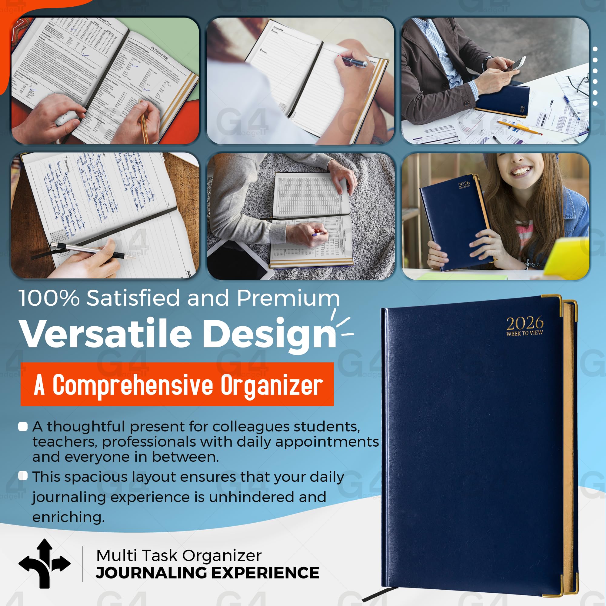 G4GADGET 2026 A4 Week to View Diary | Blue Hardback | Gilt Edges 5