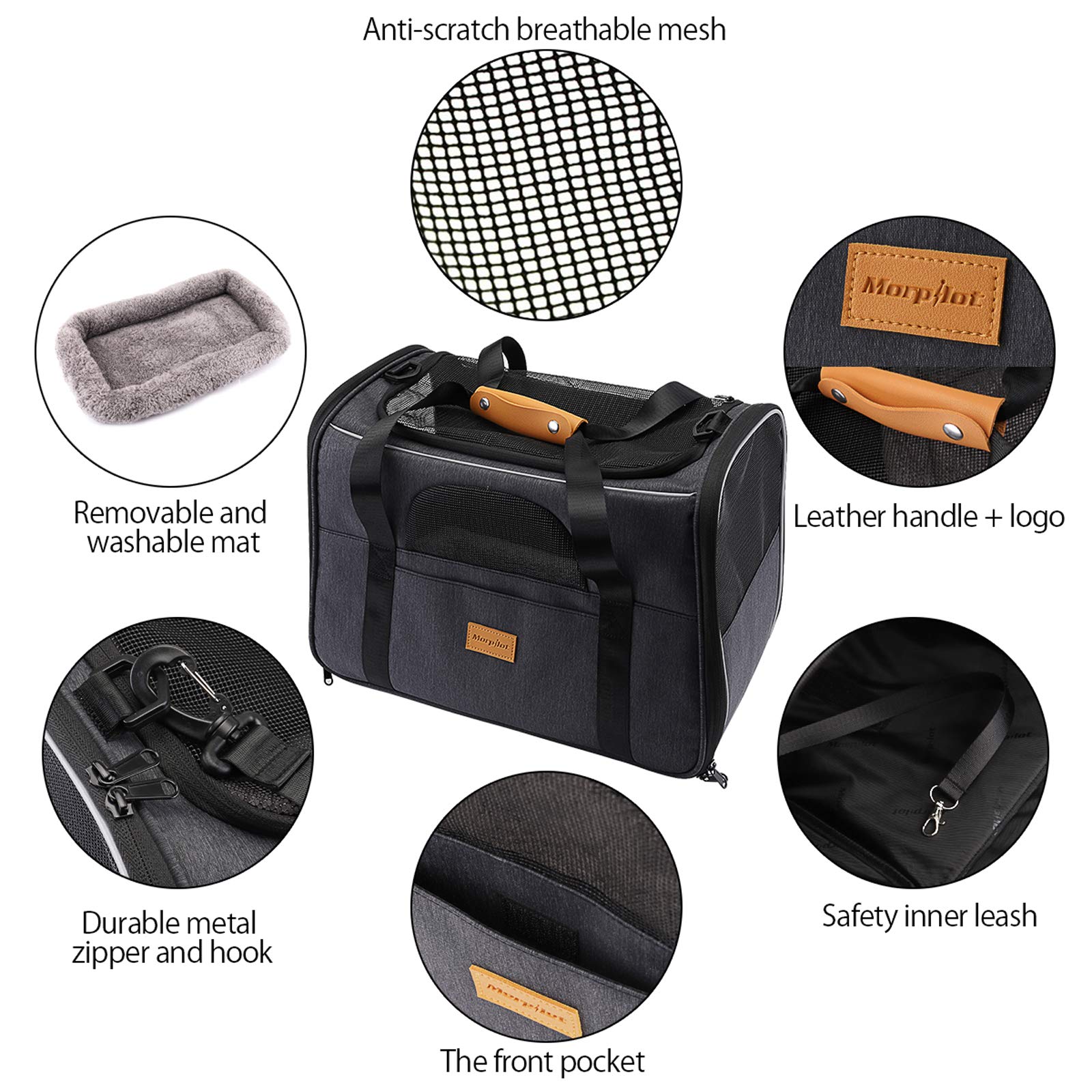 morpilot Airline Approved Soft-Sided Pet Carrier - Black Grey | Up to 7kg/15 lbs 3