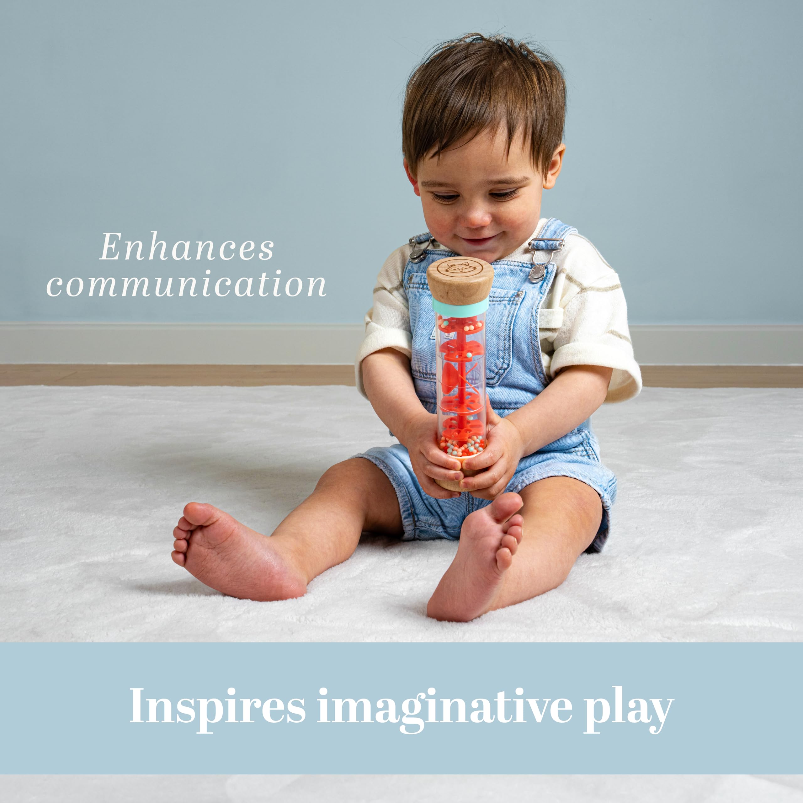 Owl & Fox Wooden Rainmaker Baby Rattle Toy - Soothing Sounds, Sensory Development | 12+ Months