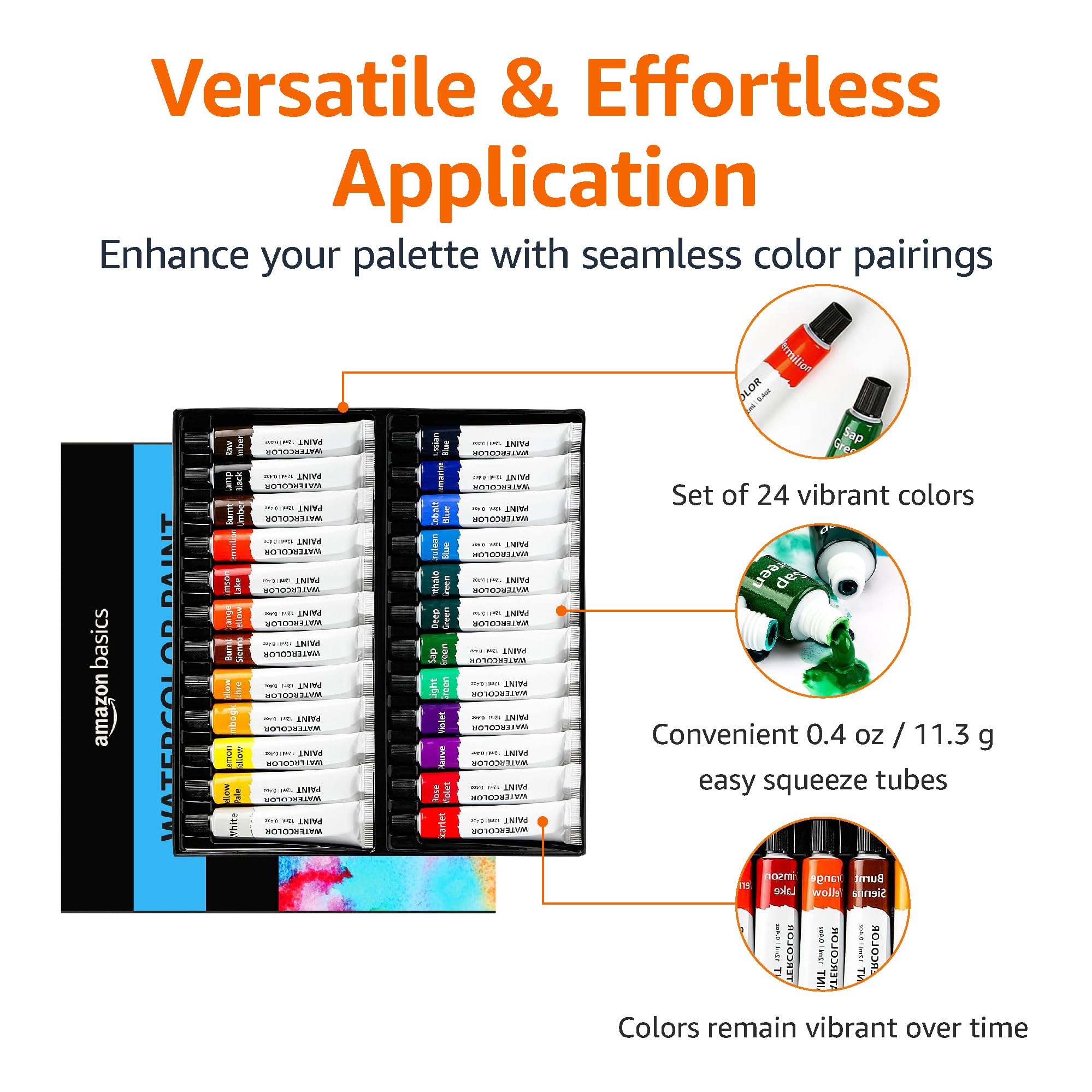 Amazon Basics Watercolour Paint Set - 24 Vibrant Tubes (12 ml Each) | Rich Hues | Good Transparency 3